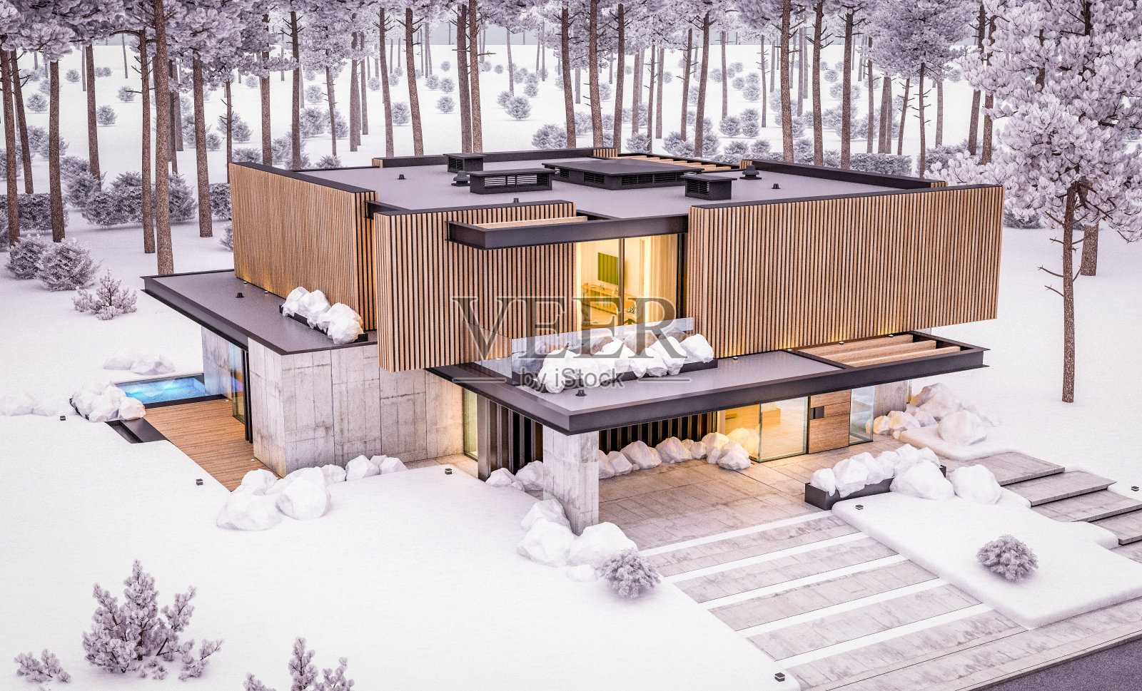 冬季夜晚带木板外墙的现代住宅3D渲染照片摄影图片