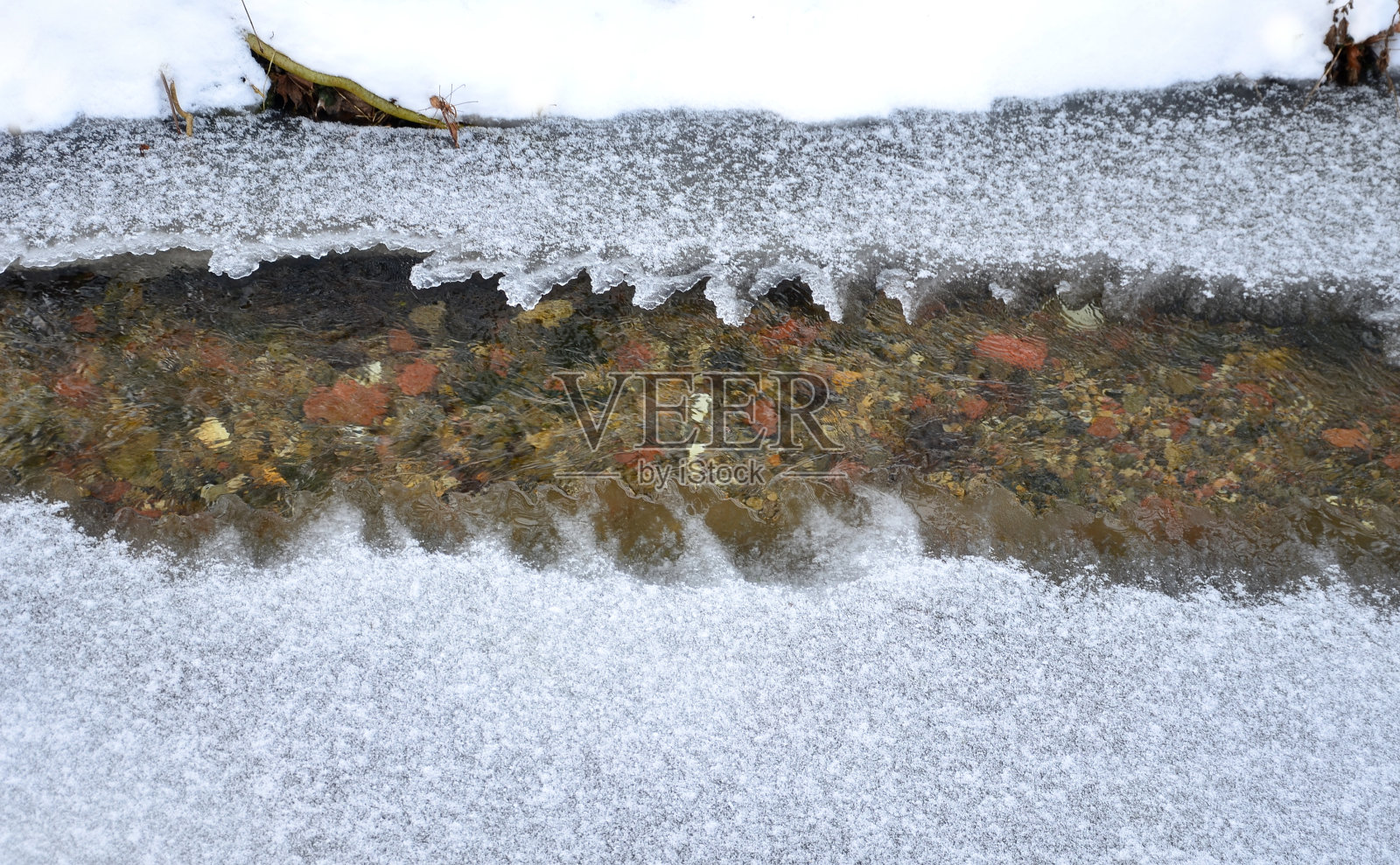 结冰的小溪,水可以清楚地看到,但冰正在慢慢地封闭它。在一个很深的峡谷和一个小瀑布瀑布冰冷的水的观点照片摄影图片