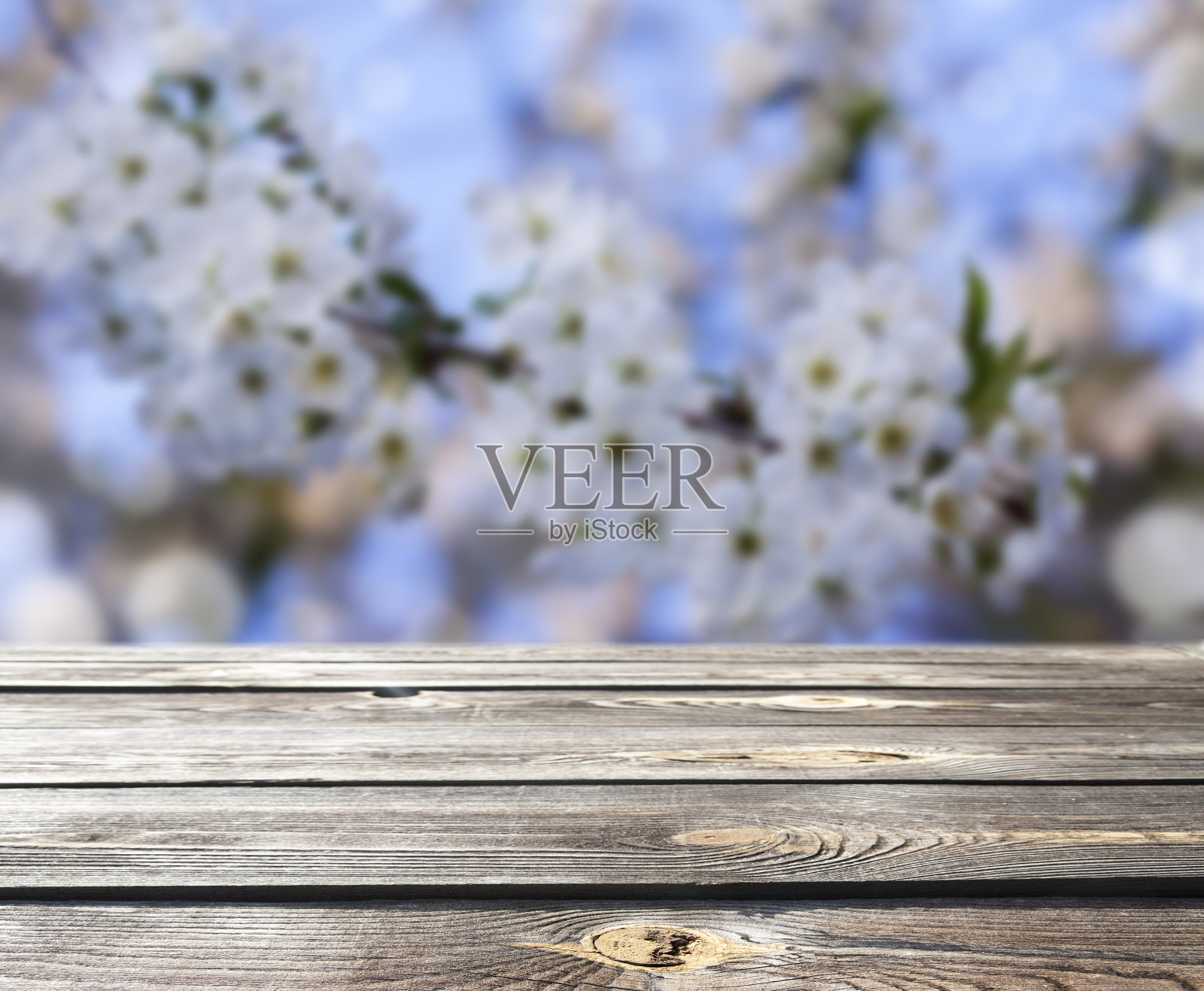 空木桌模板在春天盛开的花园与模糊的背景。照片摄影图片