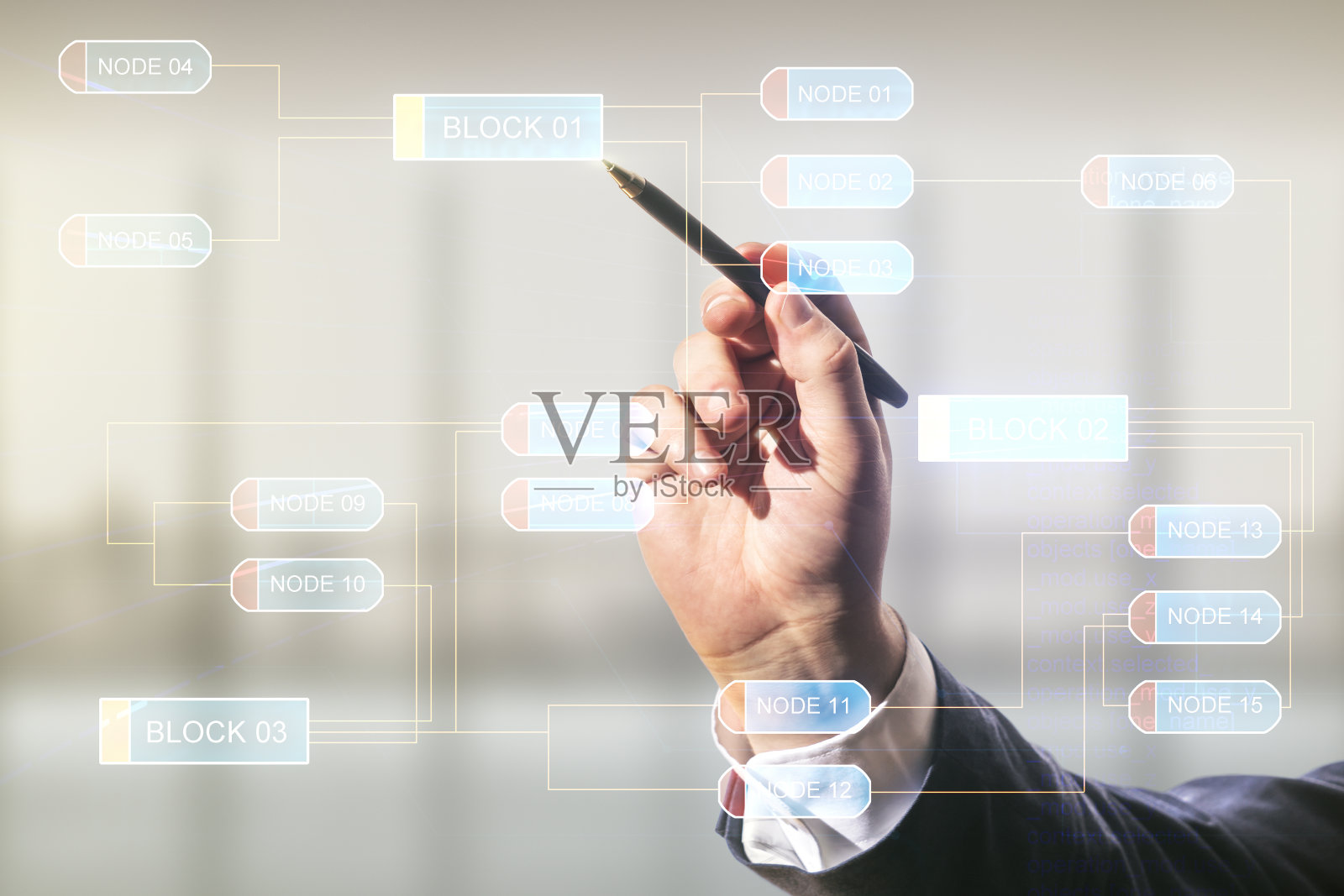 多曝光开发人员的手与笔工作抽象创意编码草图在模糊的办公背景,人工智能和神经网络的概念照片摄影图片