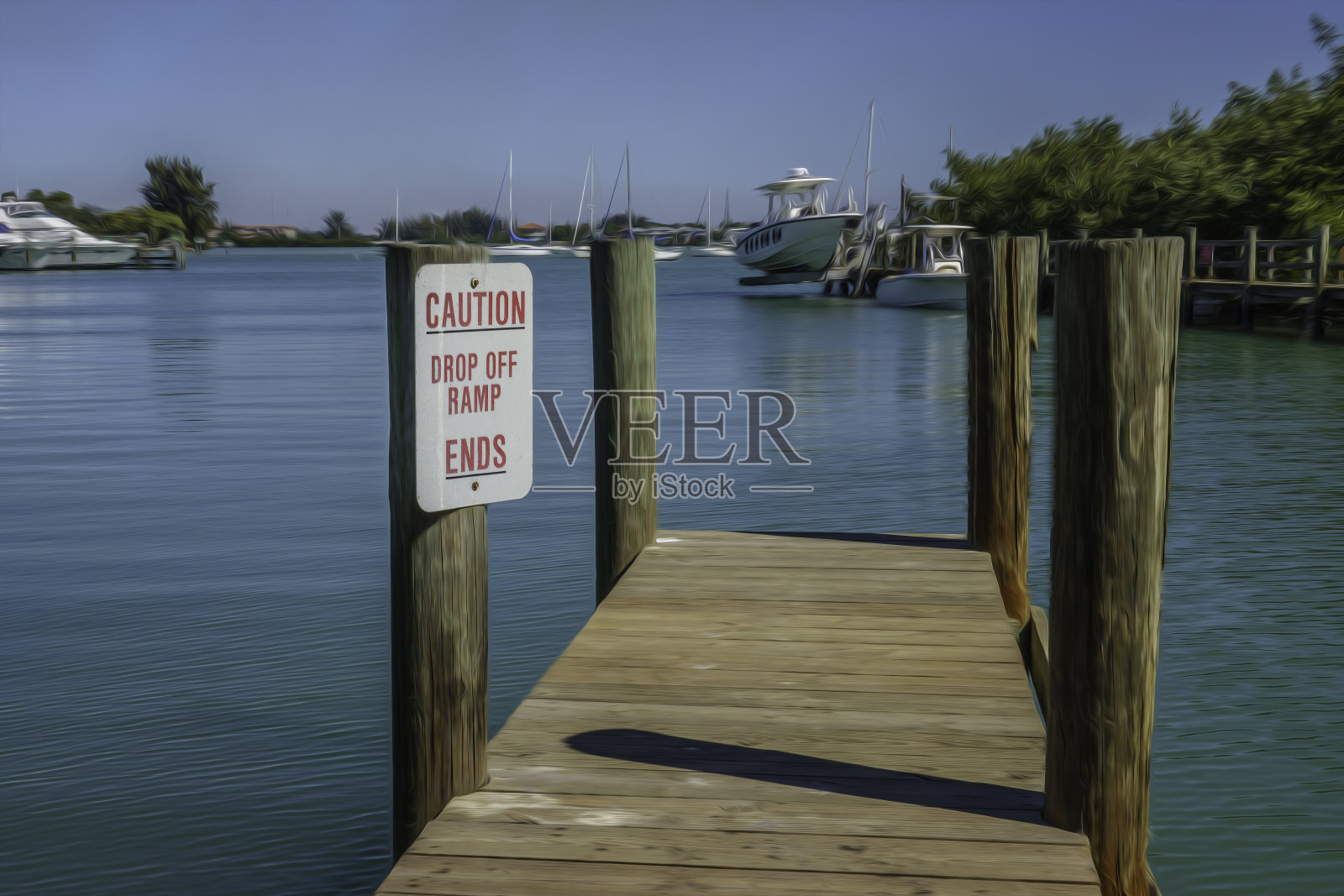 码头尽头有警告标志照片摄影图片