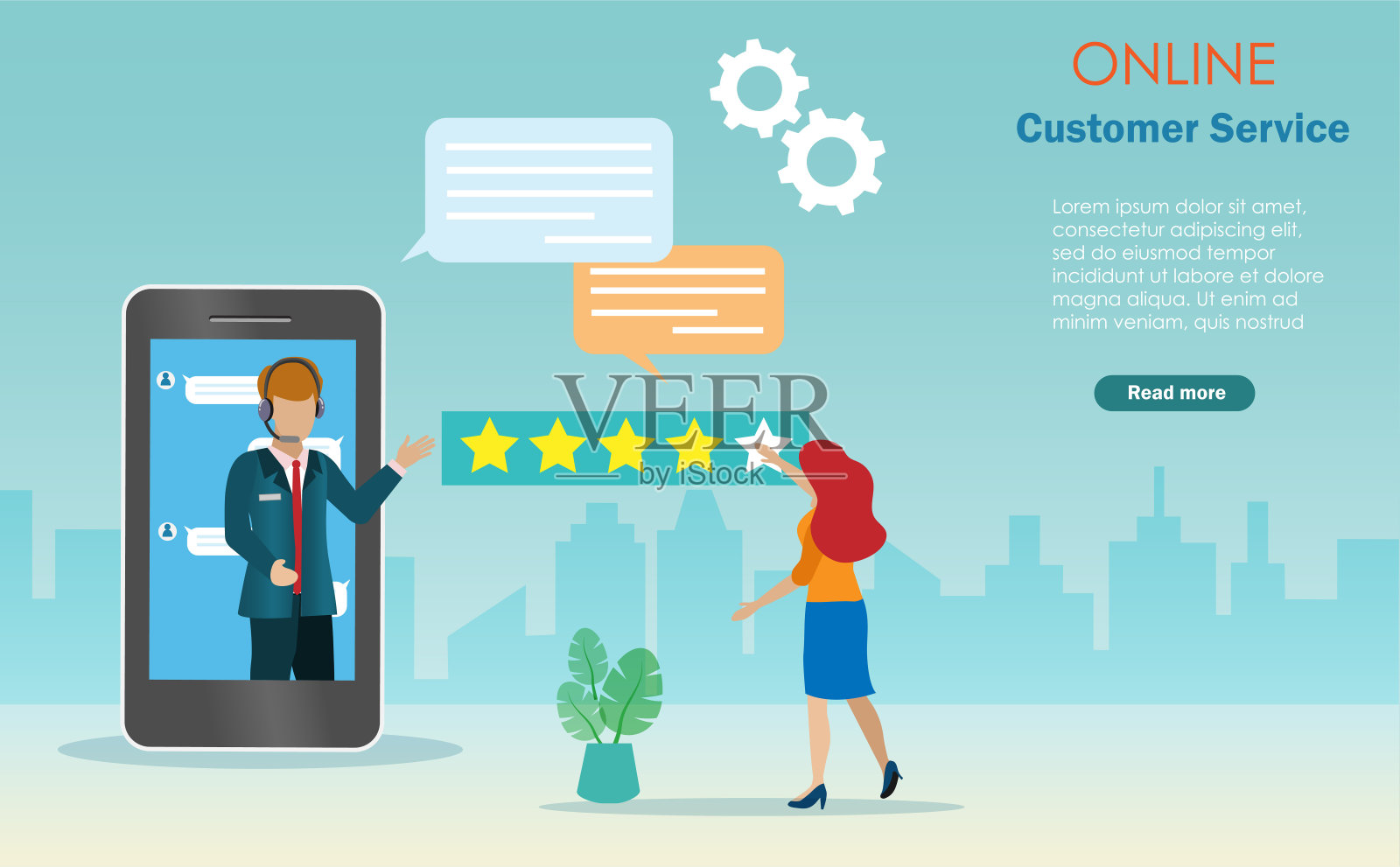 客户在智能手机上对在线客服的评价为5颗星。设计模板素材