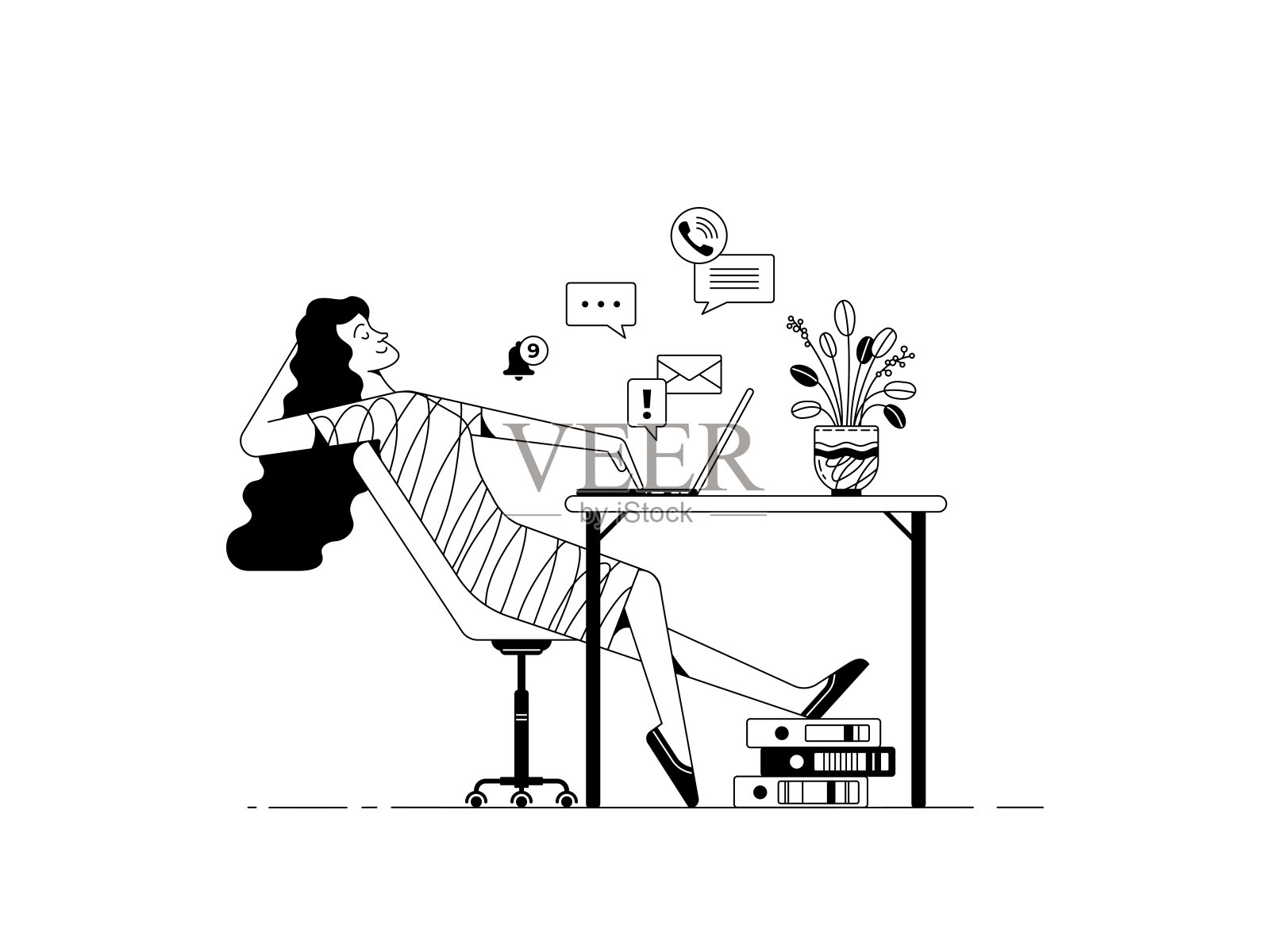 体贴的女人一直拖延她的工作线性黑色a插画图片素材