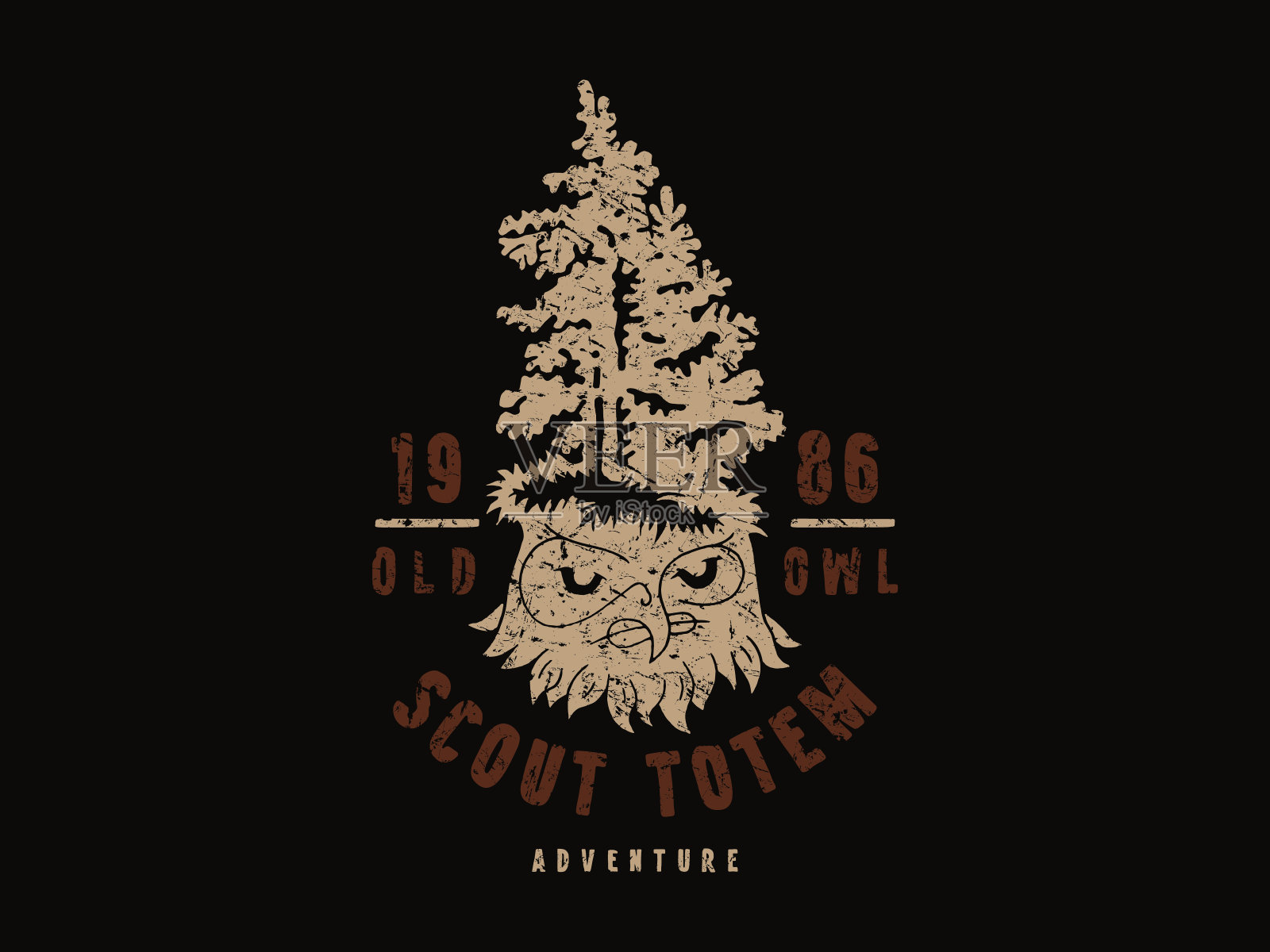 Stock vector owl head和forest linocut插画图片素材