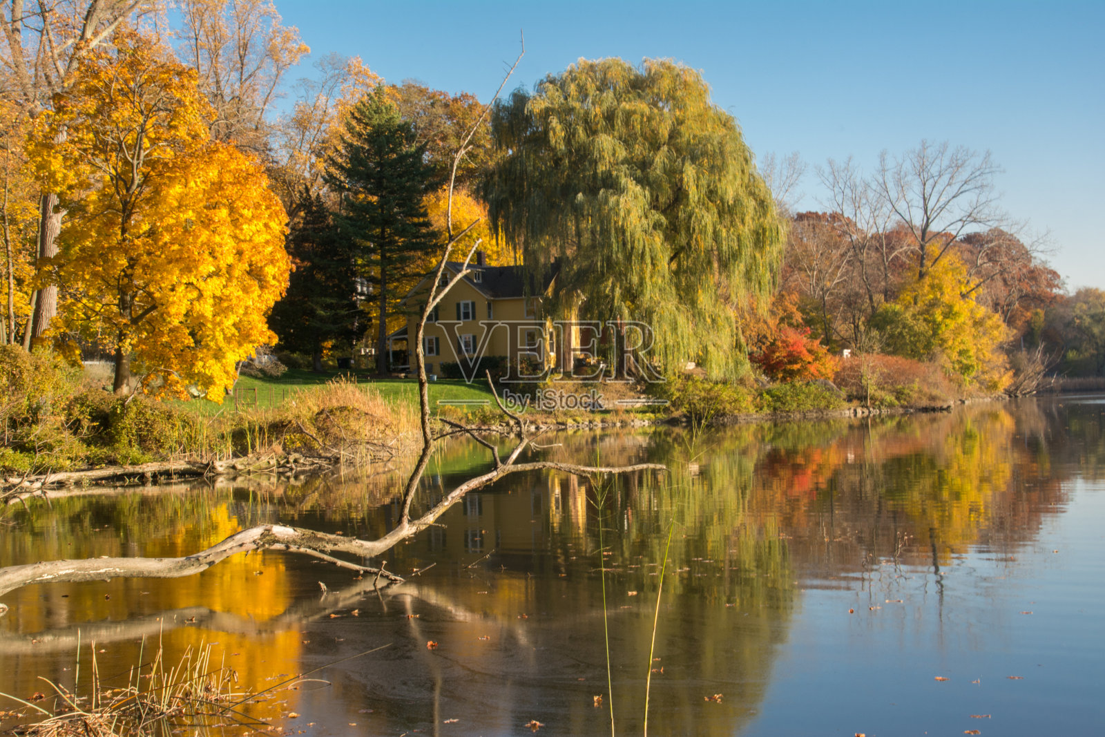 哈德逊河的观点和秋天树叶从冷春纽约照片摄影图片