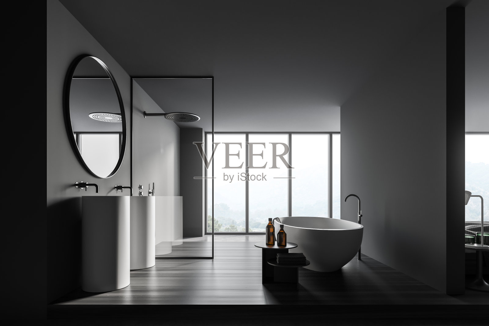 现代灰色浴室与水槽和浴缸照片摄影图片