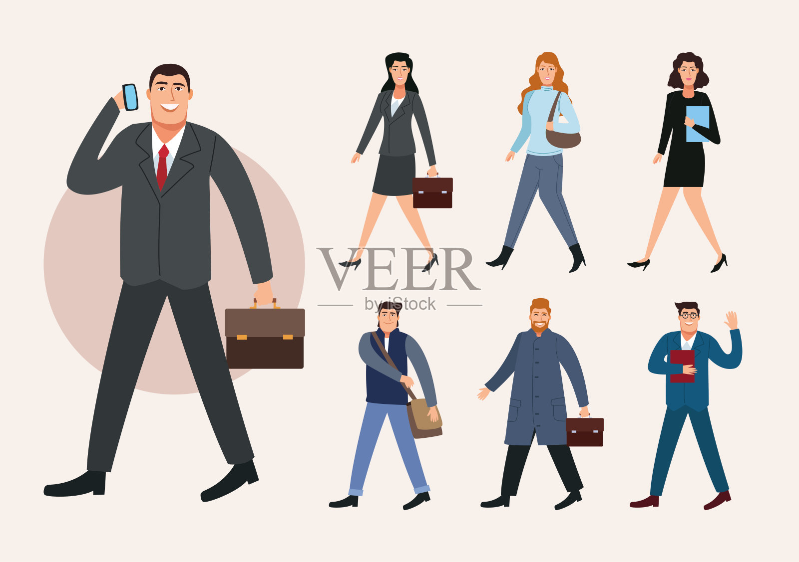 七名商务人士步行回办公室的人物插画图片素材