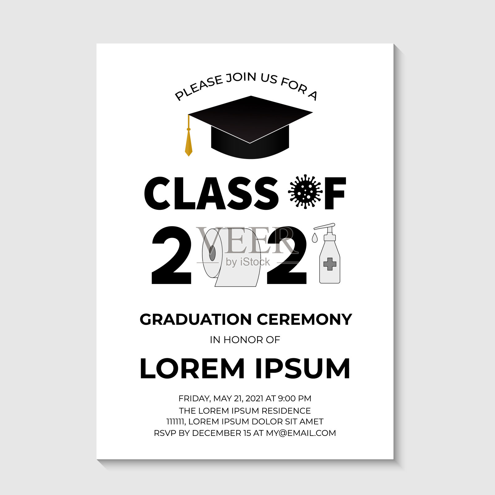 2021届毕业典礼邀请卡附厕纸。有趣的毕业派对邀请。冠状病毒- COVID-19检疫概念。毕业生公告模板。矢量图设计模板素材