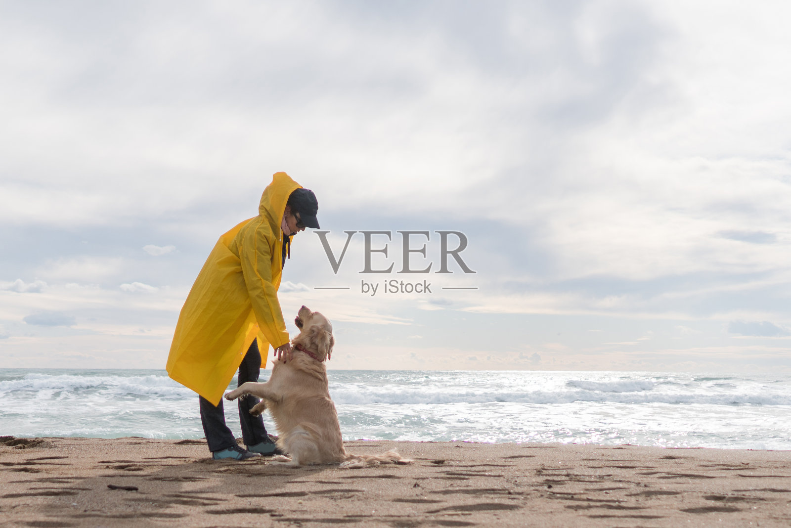 穿着黄色雨衣的妇女和她的狗在沙滩上玩耍。照片摄影图片
