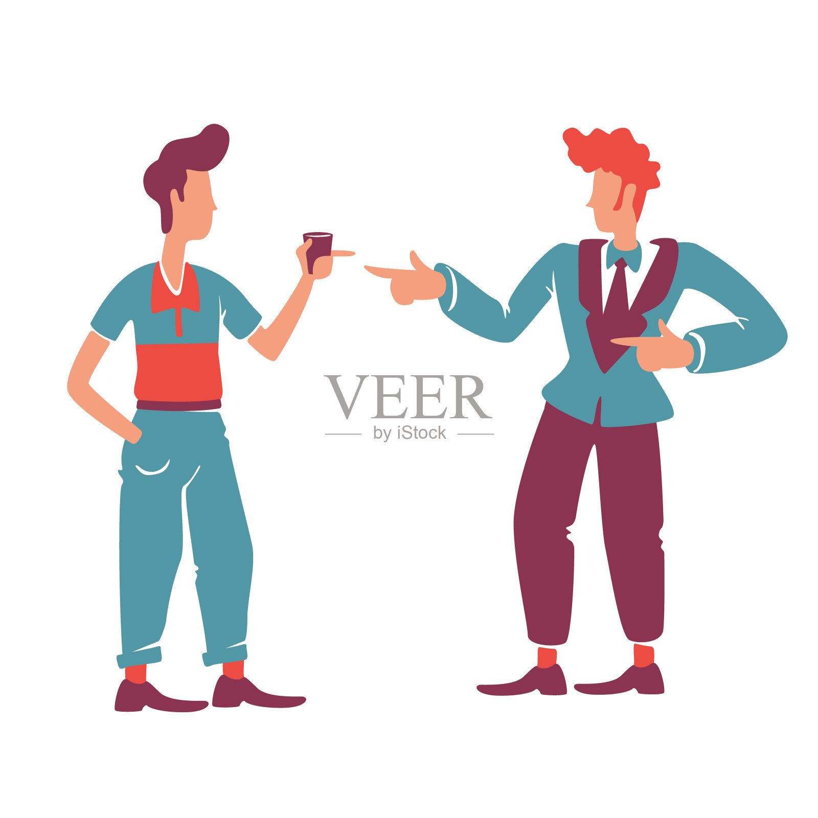 复古风格的男性朋友谈论平面颜色向量无脸的角色。两个男人一边聊天一边喝酒。时尚老派的家伙在50年代的聚会上一起孤立的卡通插图插画图片素材