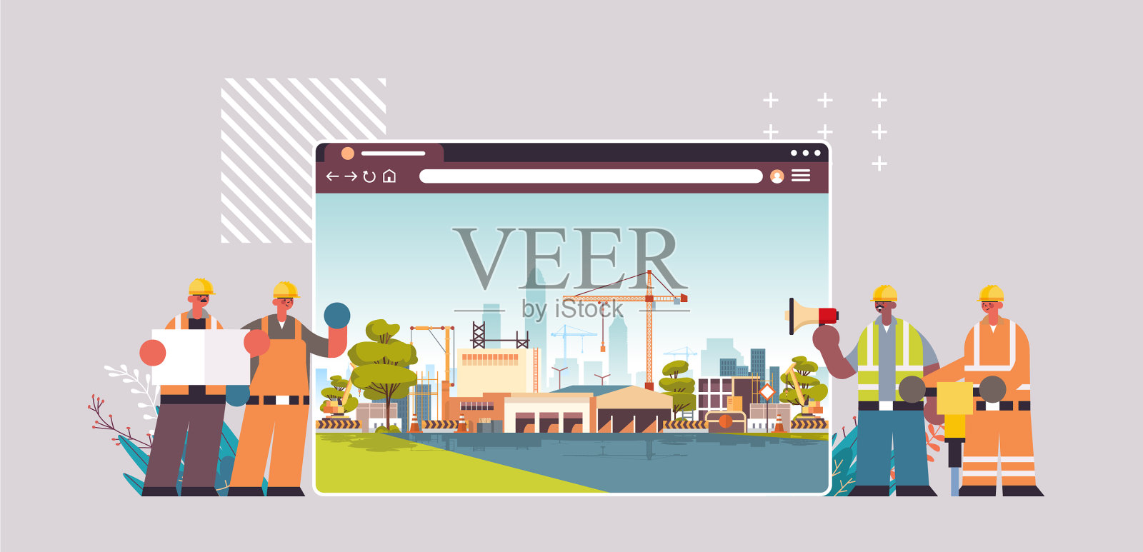 建筑工人和工程师穿着制服工作插画图片素材