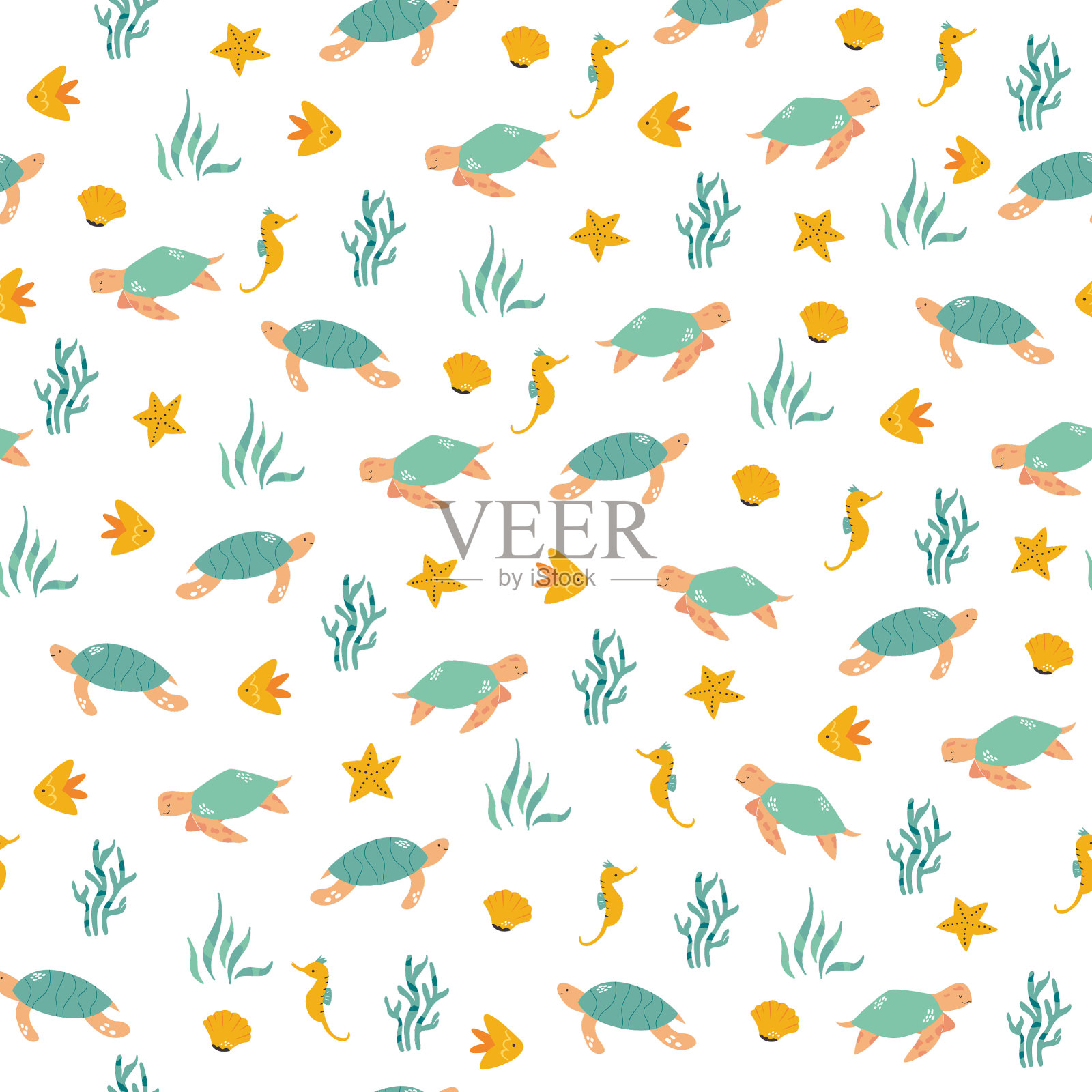 无缝图案与欢快的海龟和大海插画图片素材