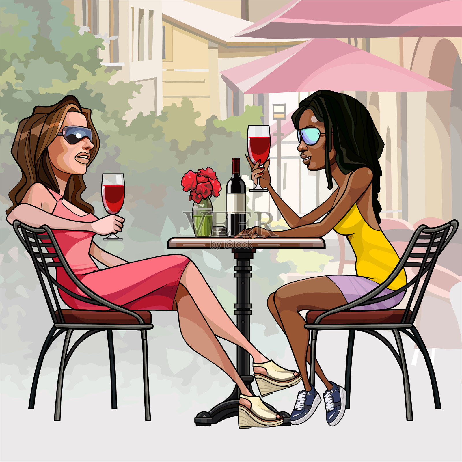 卡通女子坐在桌前喝酒插画图片素材