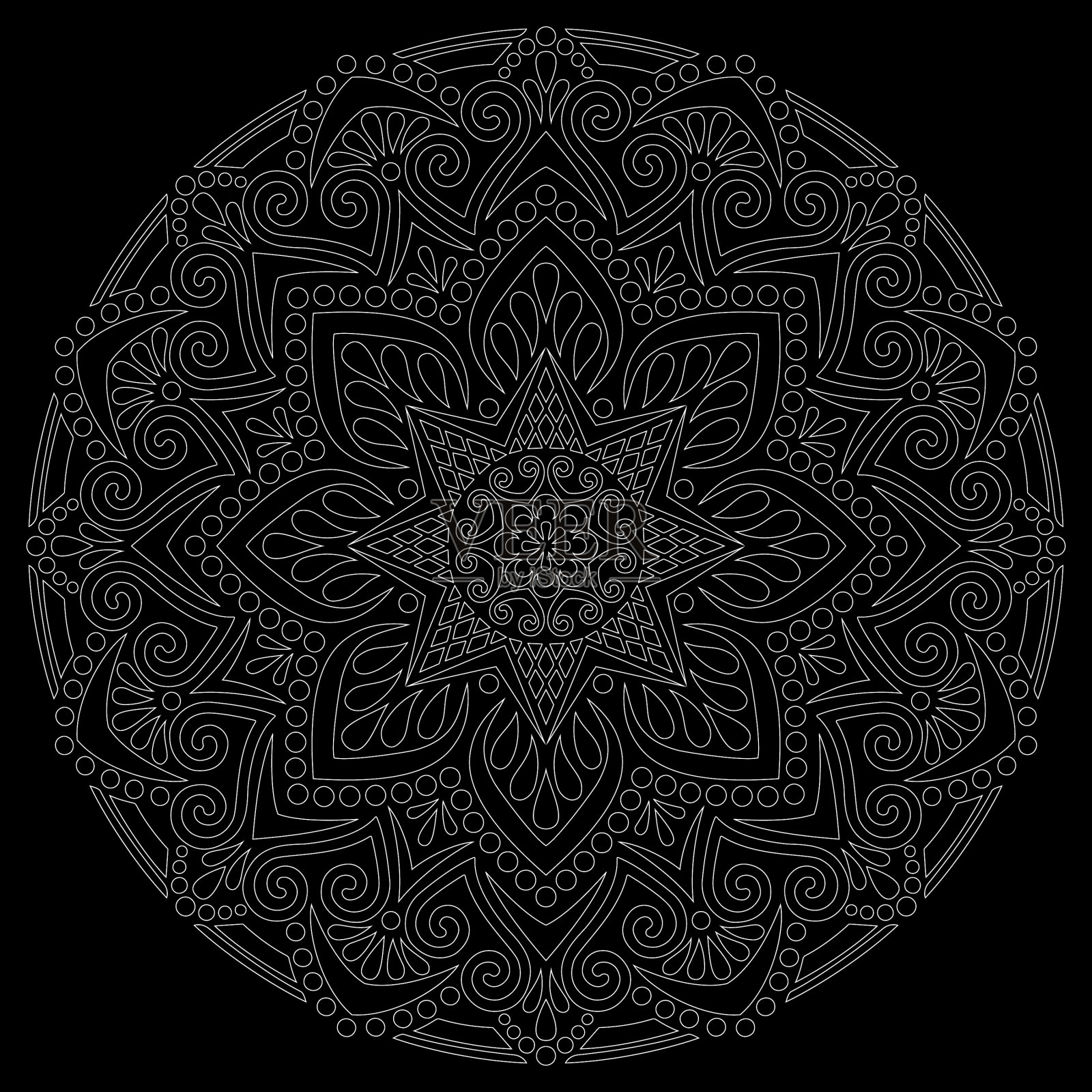 白色轮廓曼荼罗在黑色涂鸦素描插画图片素材