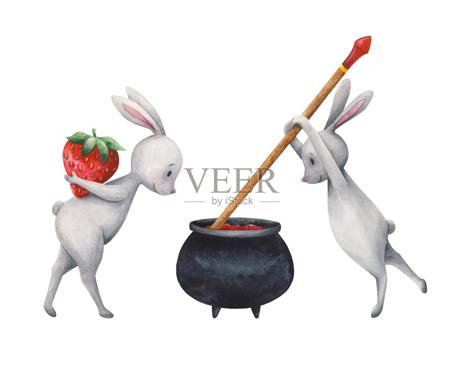 兔子抓着一颗成熟的大草莓,准备自制果酱。卡通的灰色兔子和一个红色的浆果。水彩儿童插图。股票图像上的白色背景。字符的集合插画图片素材