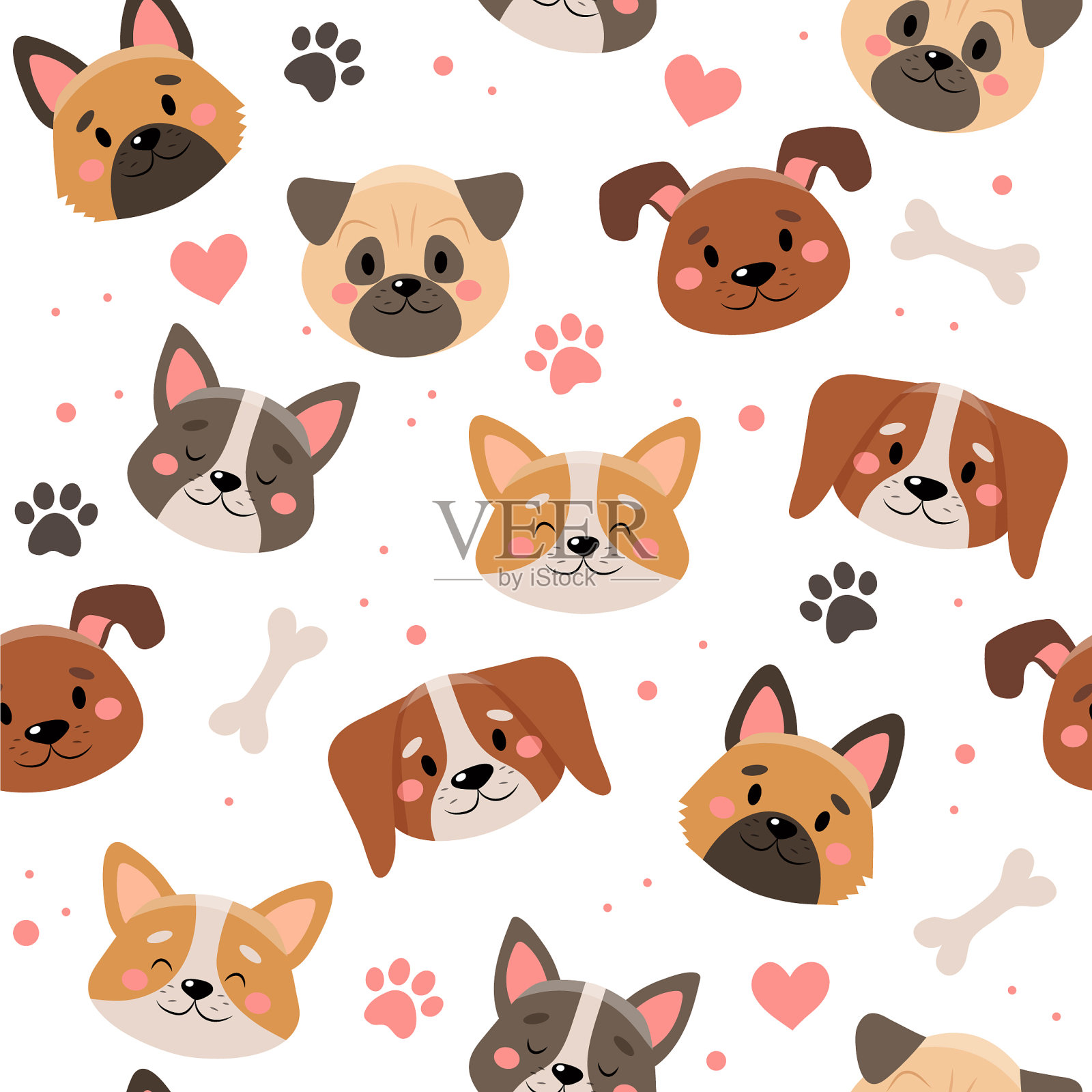 可爱的宠物无缝模式与不同的狗插画图片素材