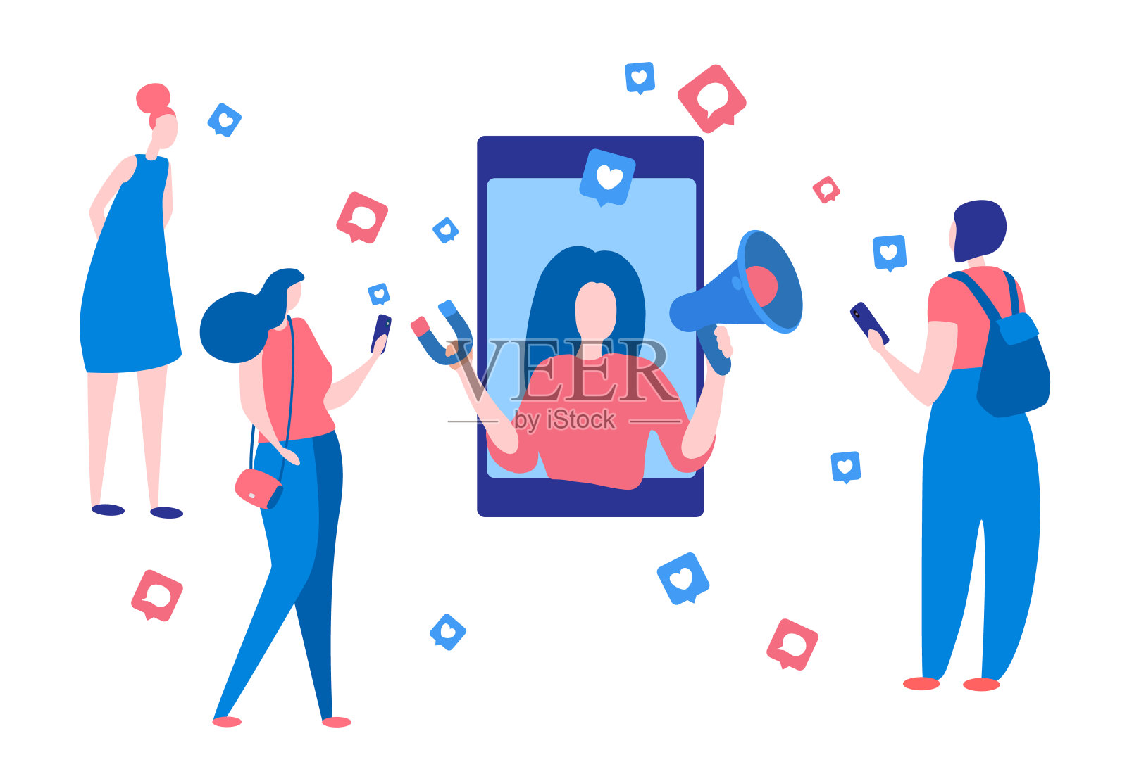 矢量插图“影响营销”。在线交流业务或数字客户研究过程创造内容并在社交网络上分享。女博主在自拍插画图片素材