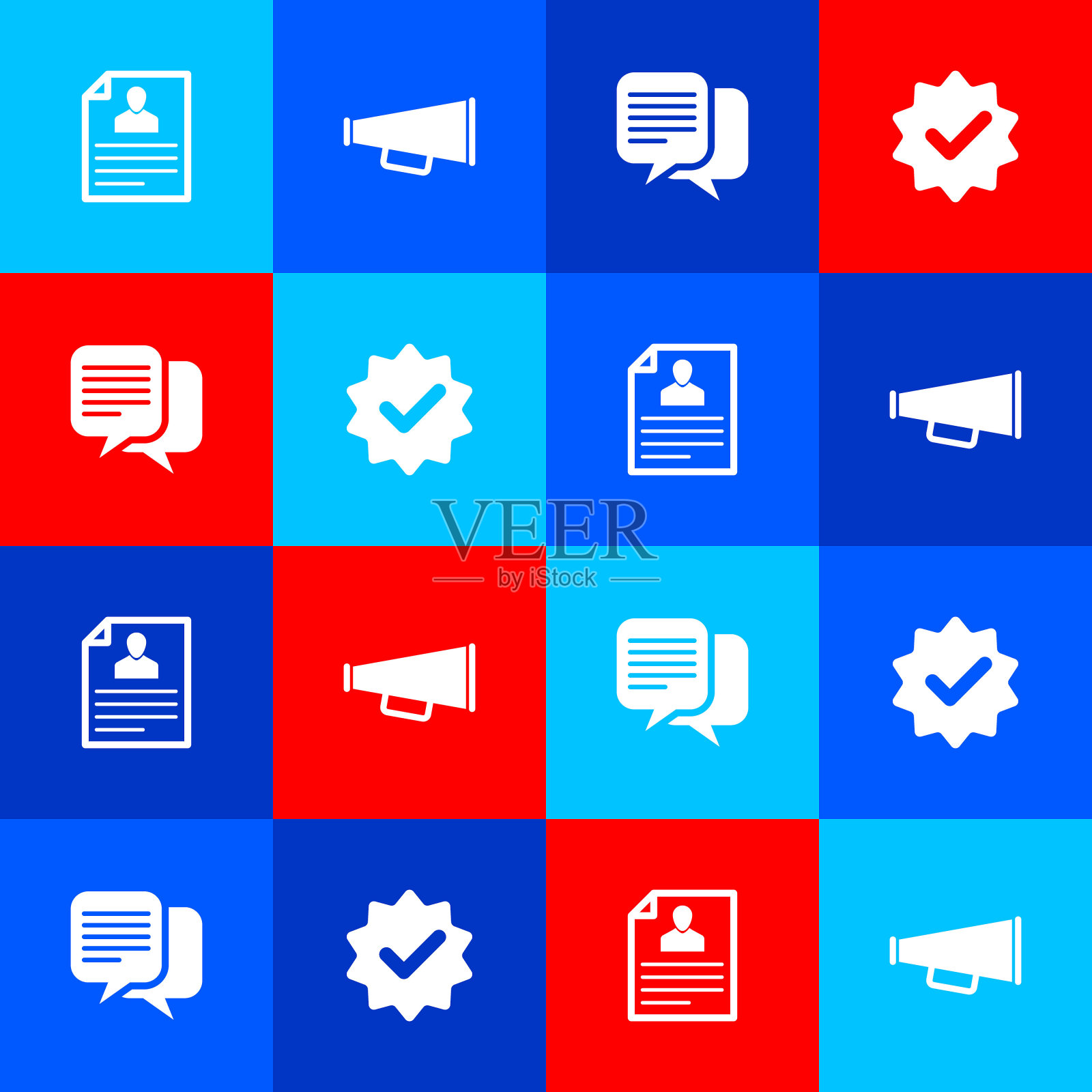 设置简历,扩音器,聊天和批准和检查标记图标。向量插画图片素材