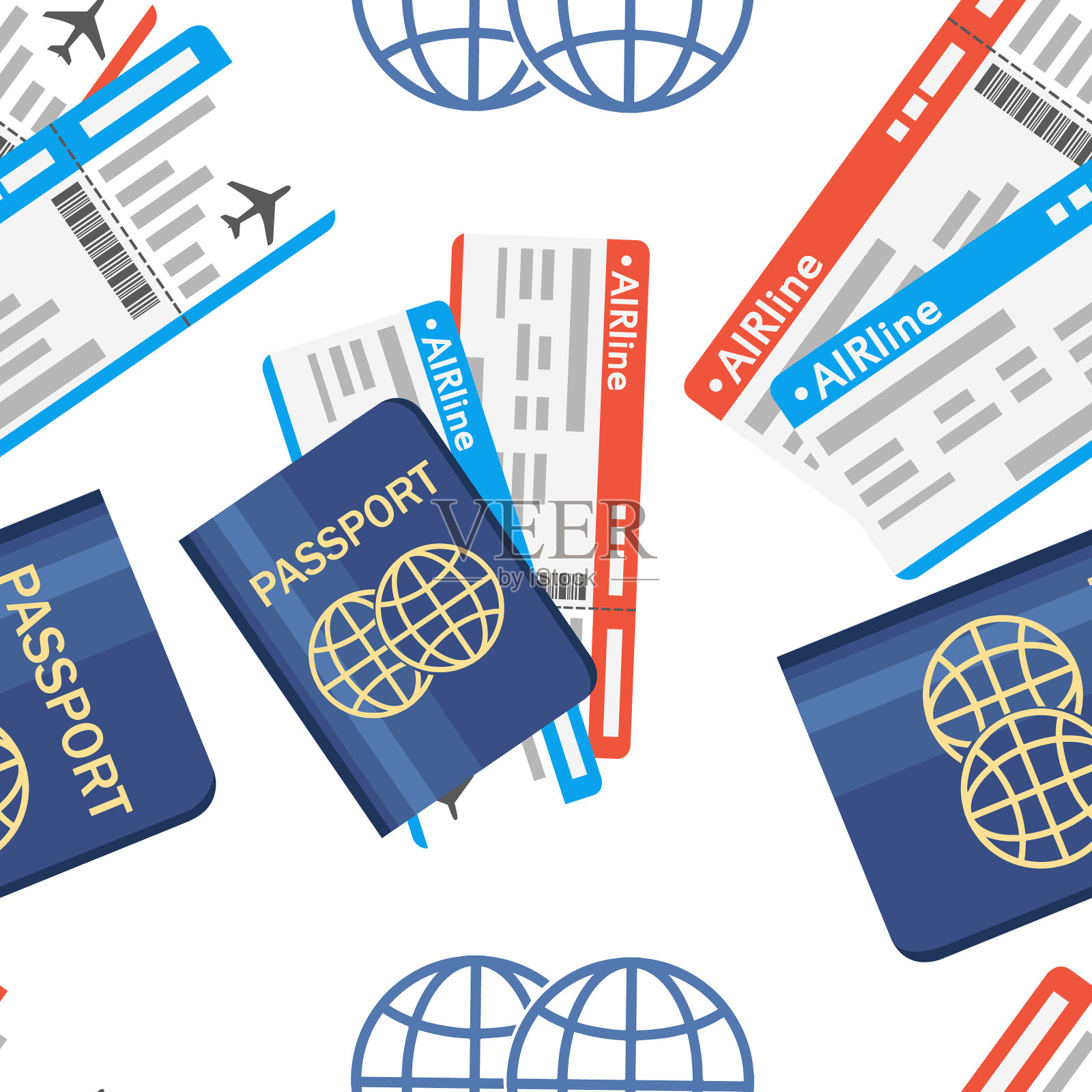 无缝模式护照与机票旅行插画图片素材