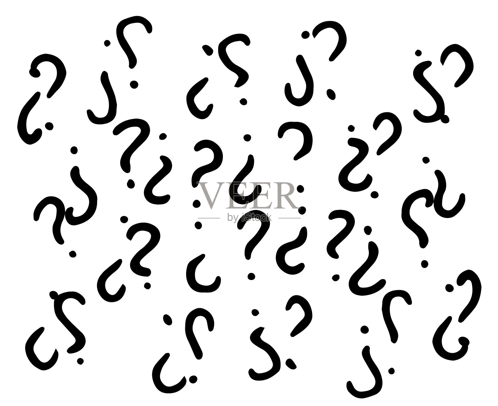 抽象的矢量图案的点与一个曲折。孟菲斯风格的背景与问号绘制在不同的方向与黑线上的白色背景为设计模板插画图片素材