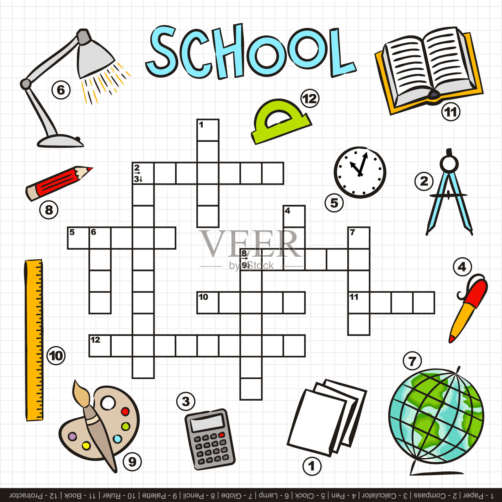 孩子们的学校填字游戏。带有卡通元素的儿童游戏。插画图片素材