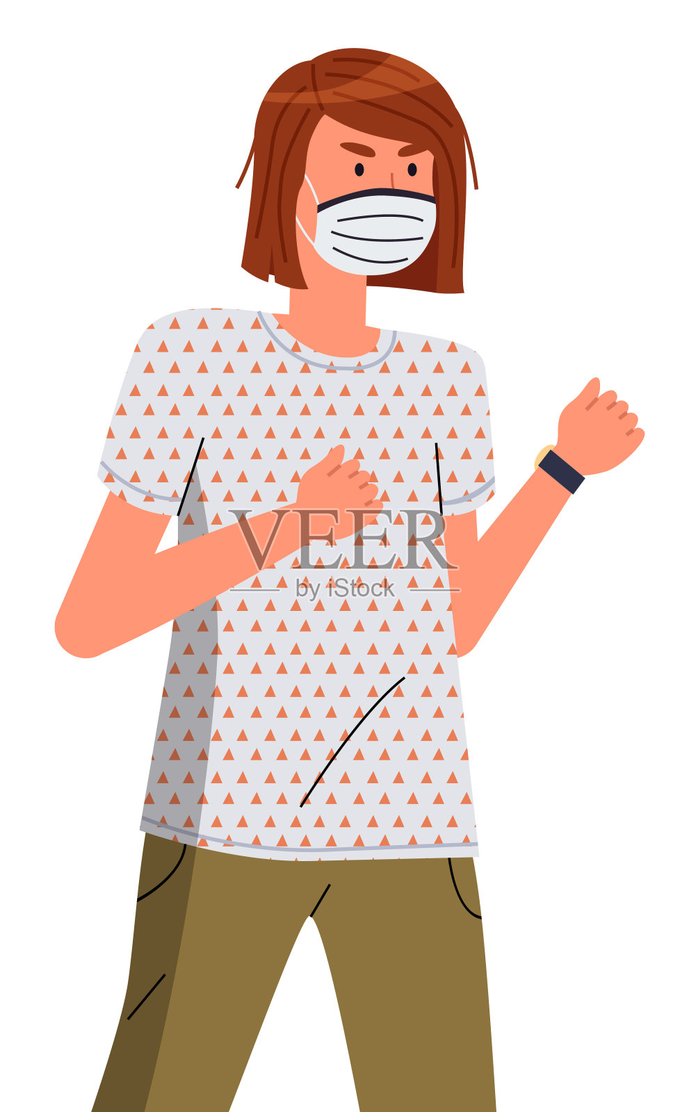 卡通女子在医疗口罩在平板风格戴医疗口罩准备与病毒流行插画图片素材