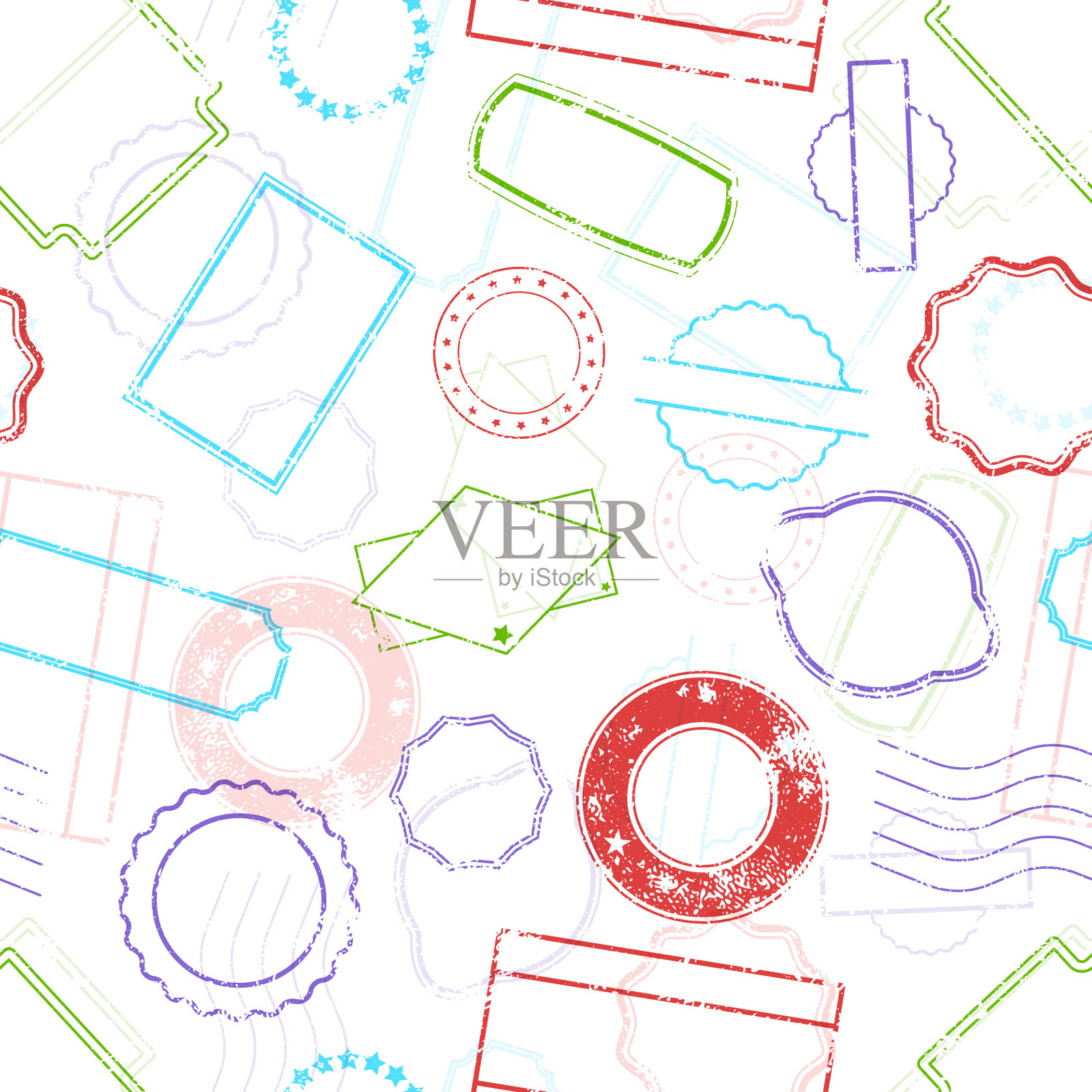 大量的复古邮政和边境邮票,垃圾邮戳在旧风格,无缝的白色图案插画图片素材