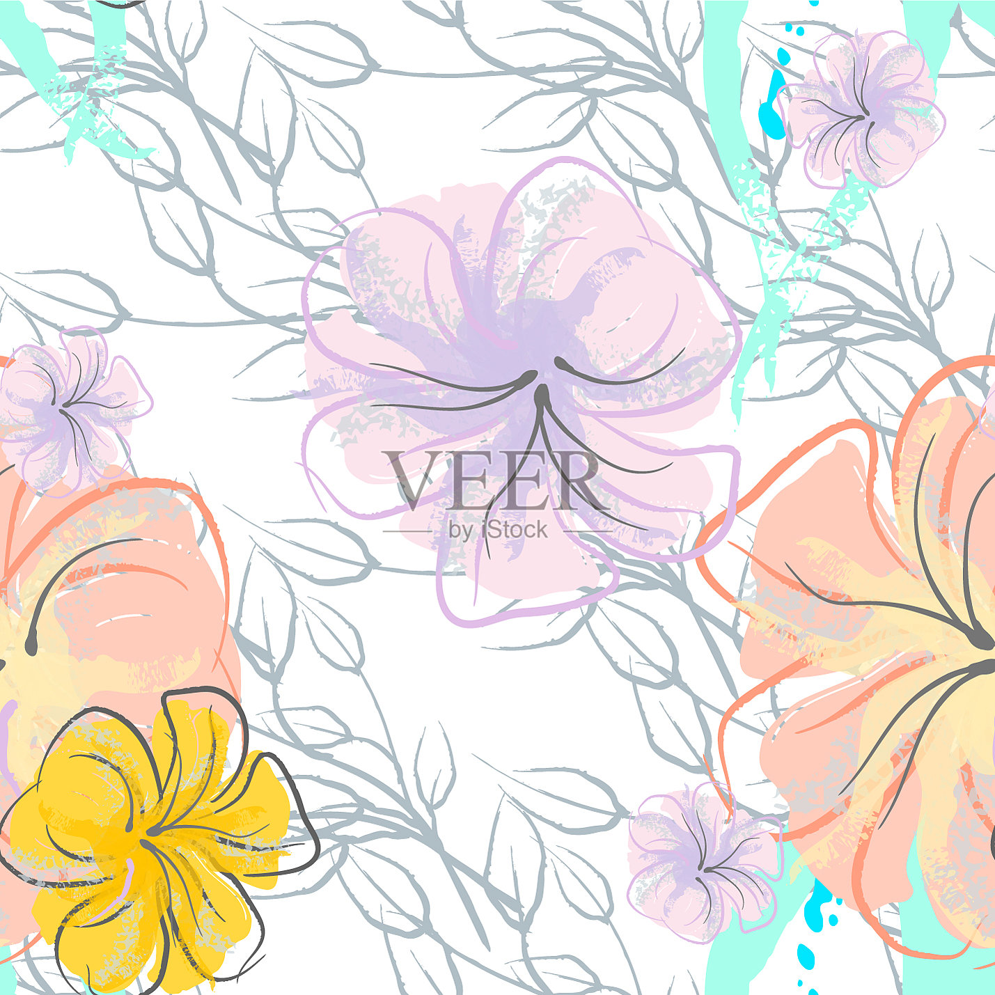 粉红色花朵盛开的图案,粉彩水彩插画图片素材