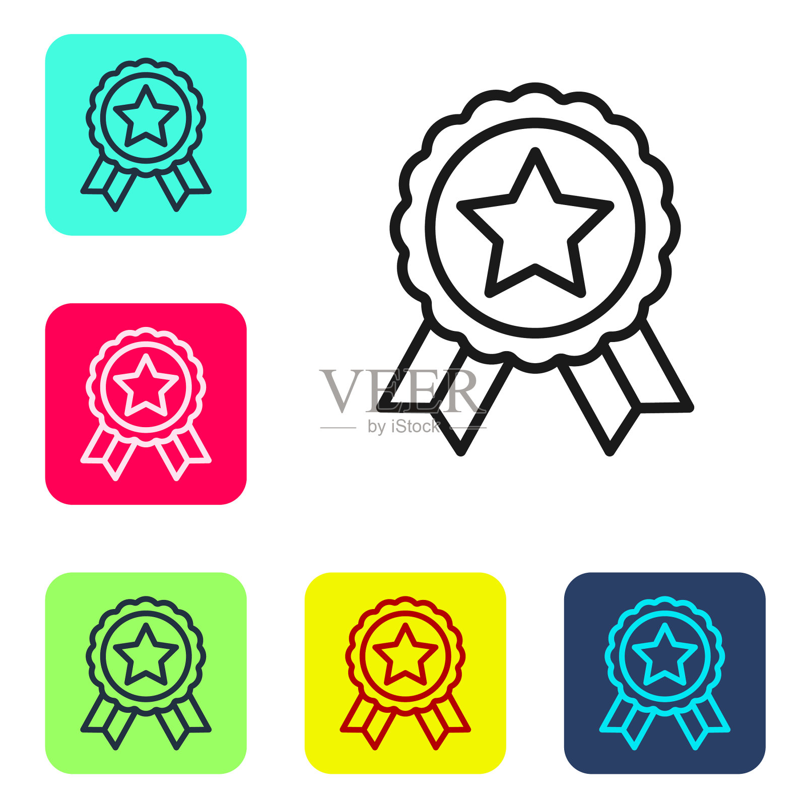 黑线奖章与星形图标孤立在白色图标素材
