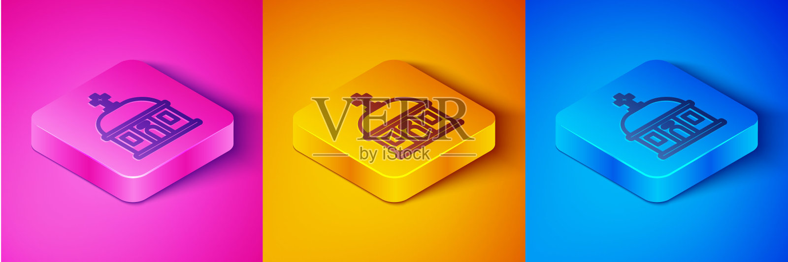 等距线圣托里尼建筑图标孤立在粉色和橙色,蓝色的背景。蓝色屋顶的传统希腊白色房屋是欧洲文化。方形按钮。向量图标素材