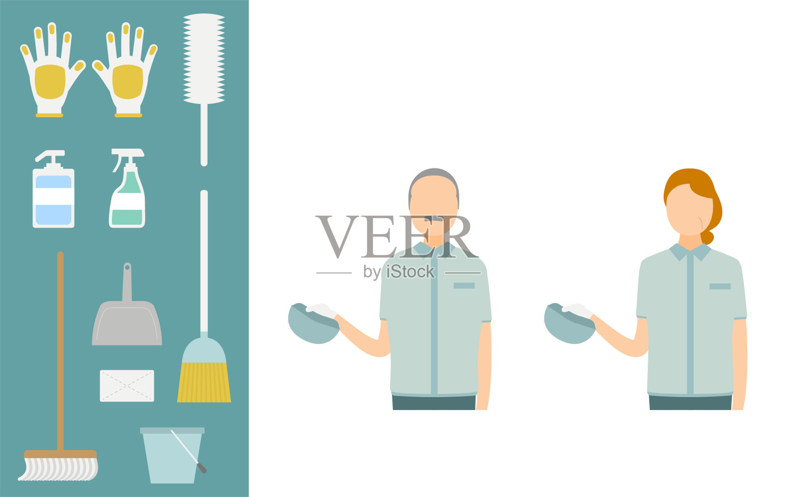 插图集清洁人员和清洁用品,上半身插画图片素材