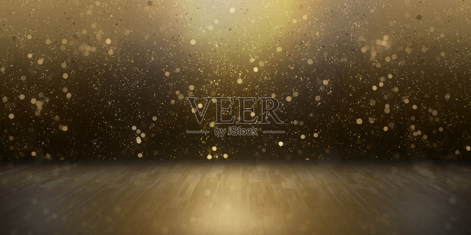 散景背景与空白木桌显示产品蒙太奇。黑色背景上闪烁着金色的虚景,聚焦的木地板是模糊的3d插图照片摄影图片