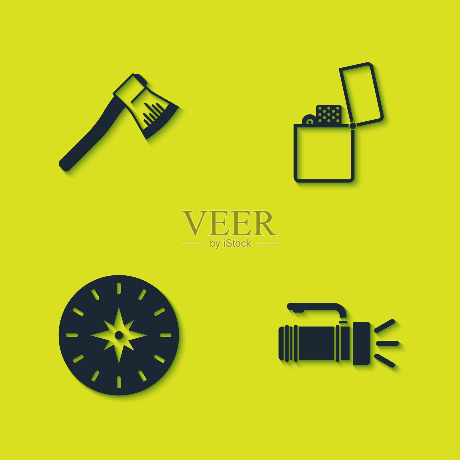 设置木斧手电筒指南针和打火机图标素材