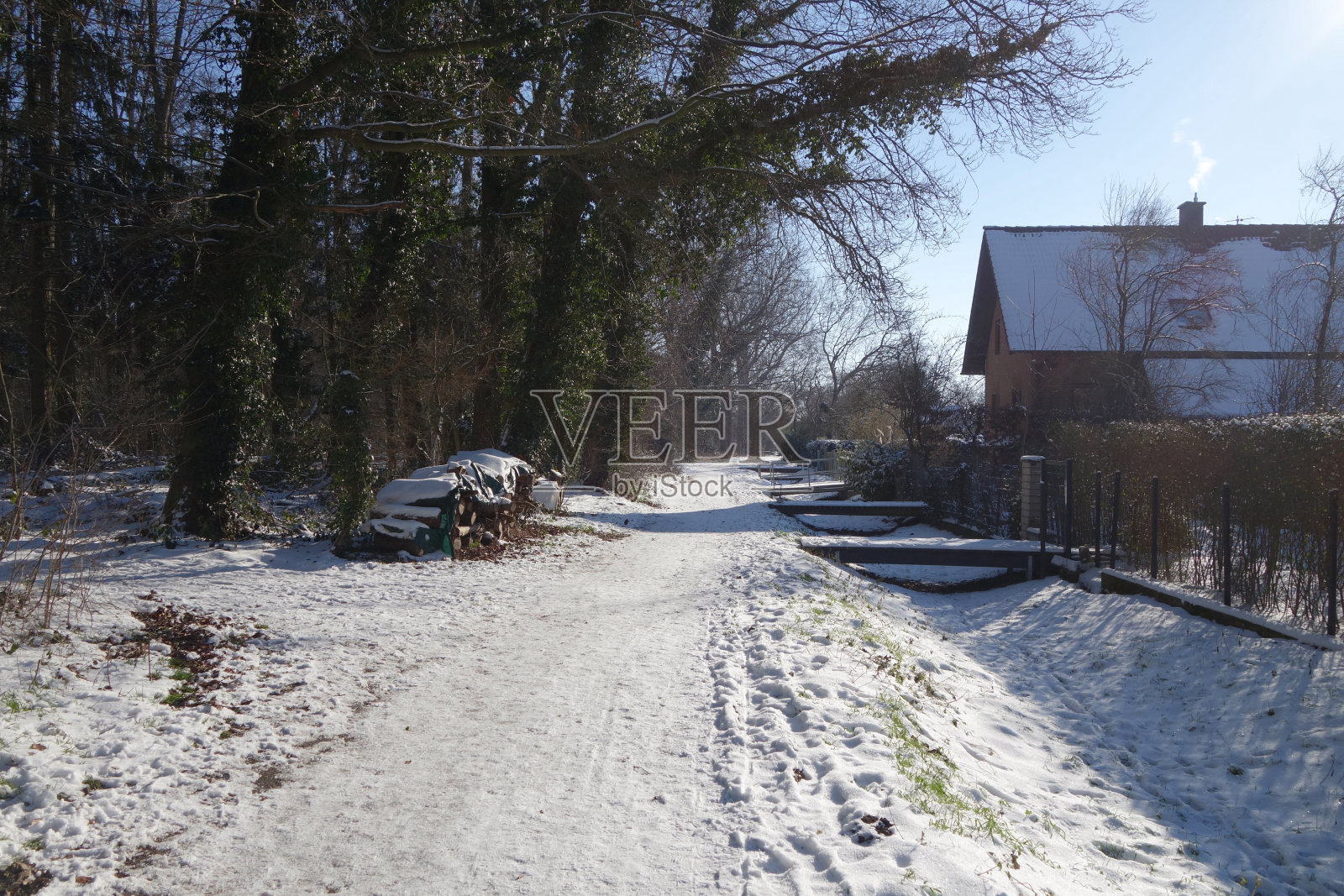 德国Korschenbroich附近的田野小路上刚刚下过雪的冬季仙境照片摄影图片