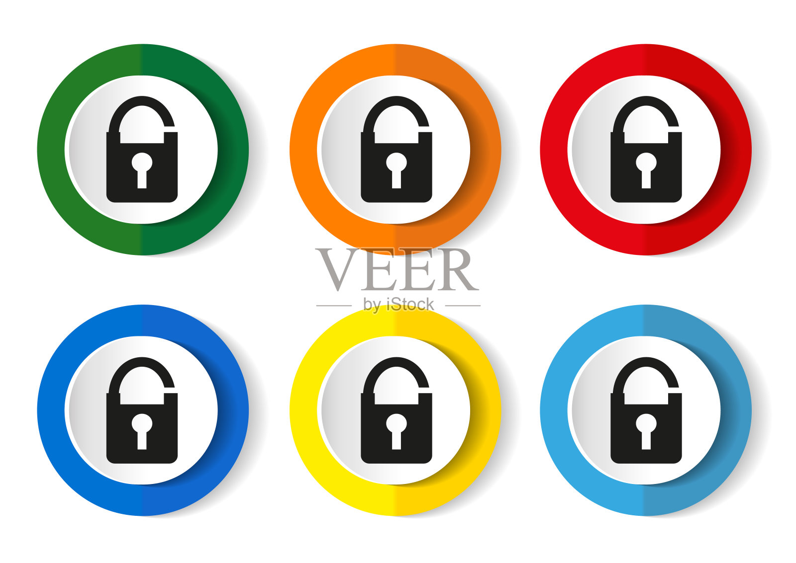 挂锁,安全矢量图标,一组圆环按钮6种颜色的选项,用于网页设计和移动应用程序图标素材