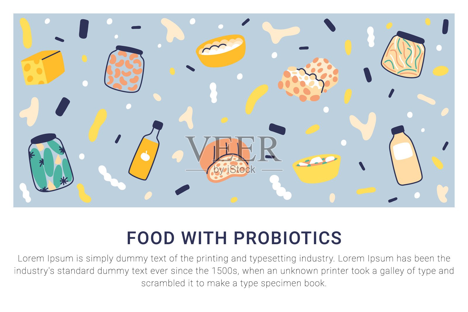 益生菌来源的食品与益生菌涂鸦插画图片素材