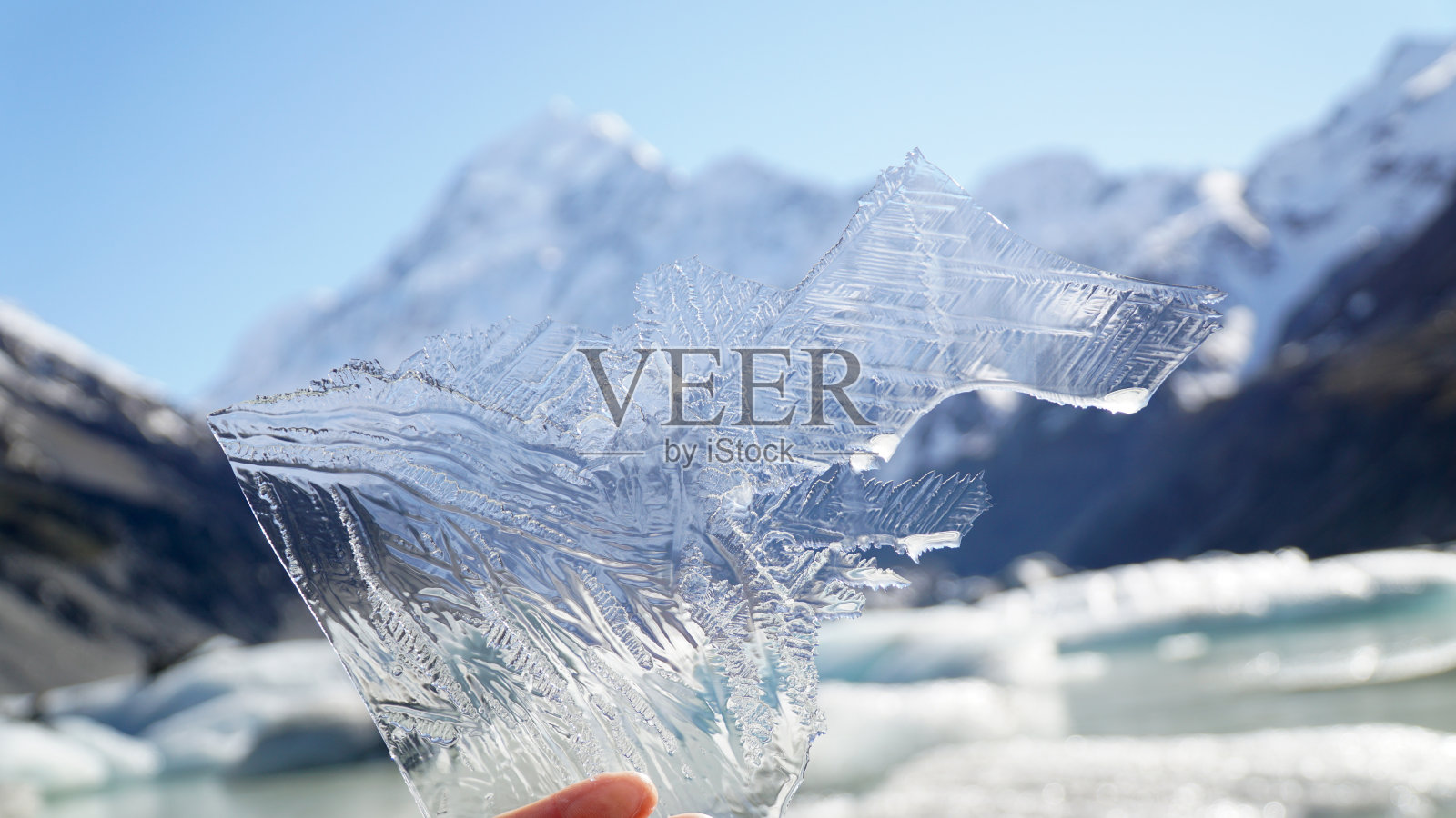 新西兰库克山的胡克湖上的冰,以胡克冰川和山脉为背景。照片摄影图片