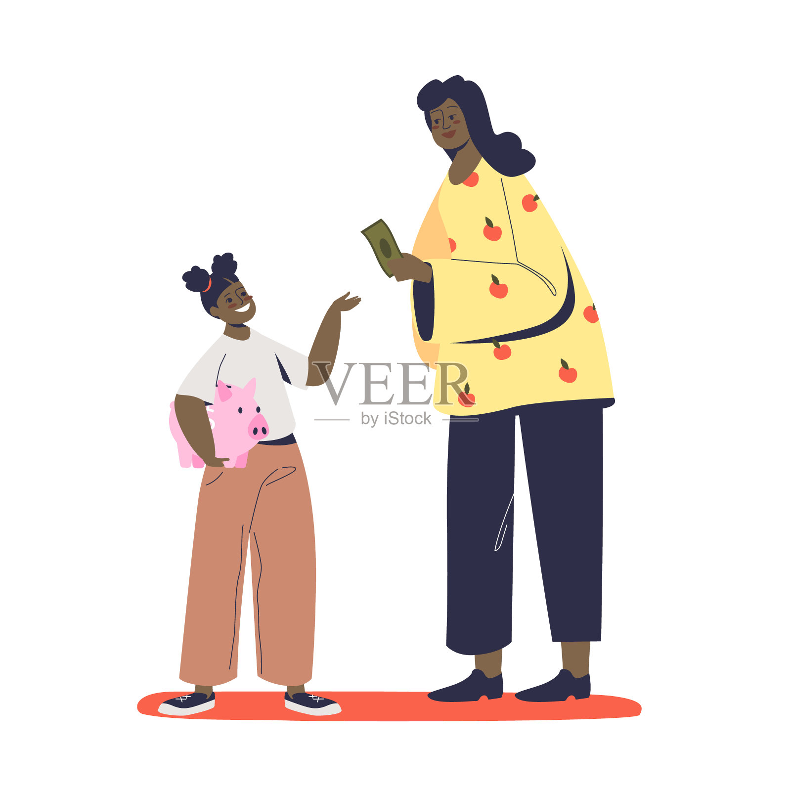 妈妈给孩子零花钱,让他们存到存钱罐里,教导孩子如何存钱插画图片素材