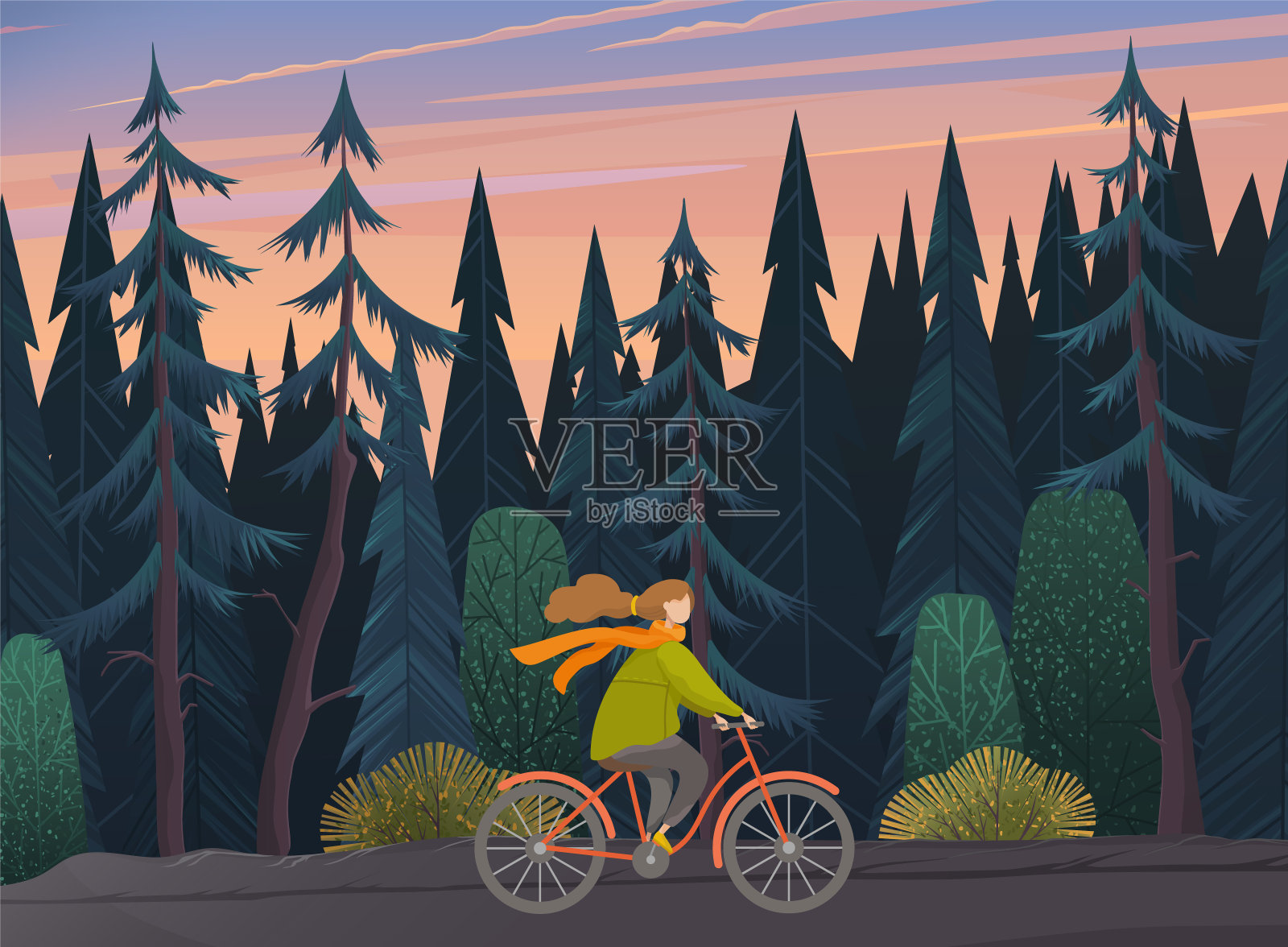 骑自行车的女孩。女性骑自行车的背景是森林,积极和健康的交通工具插画图片素材