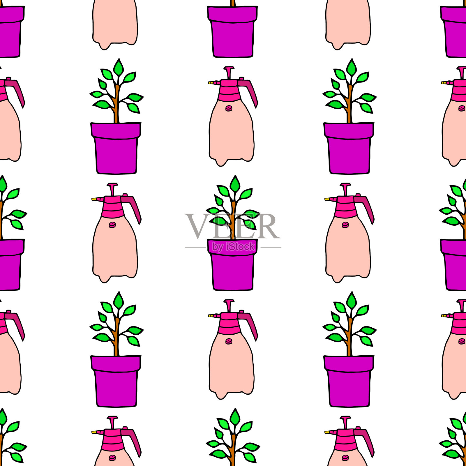 矢量无缝插图与花盆和喷雾器在白色的背景。插画图片素材