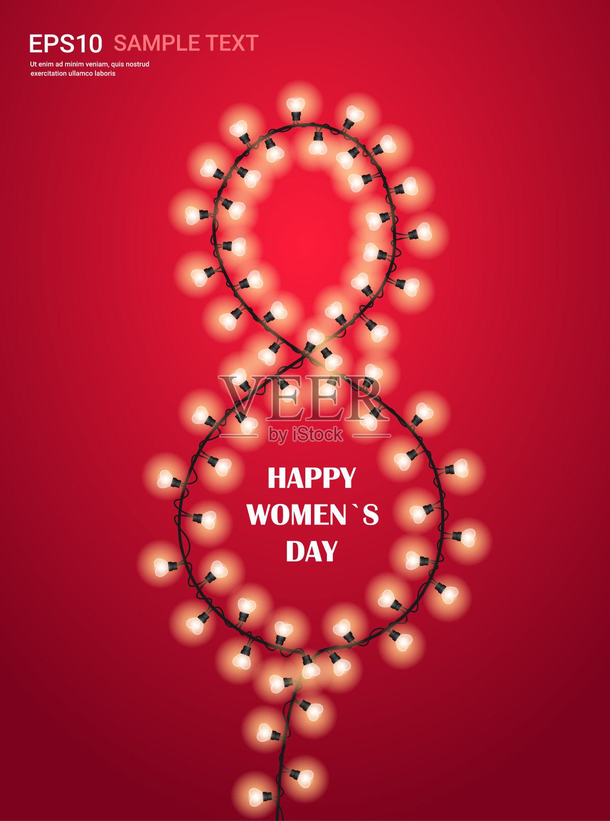 三八妇女节庆祝活动横幅传单或贺卡与灯泡发光的花环插画图片素材