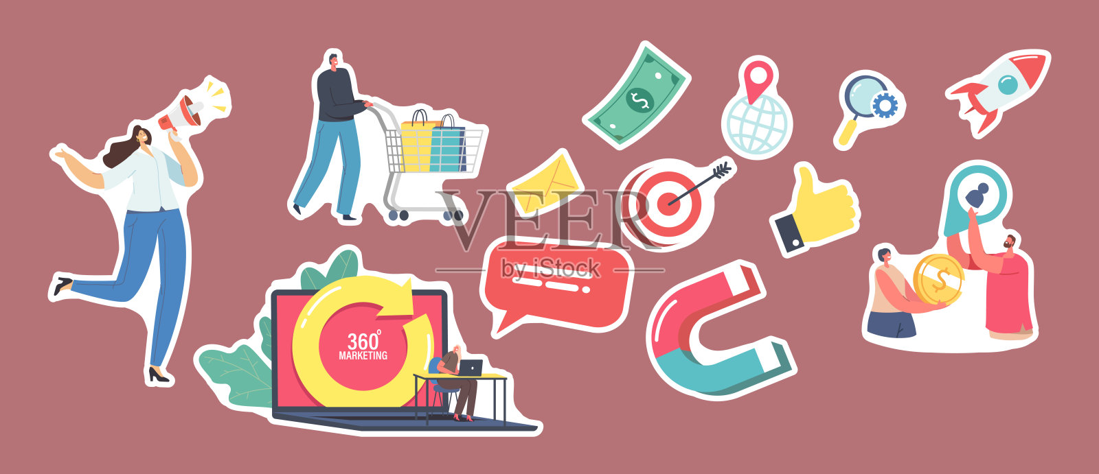 360度营销主题贴纸套装。推广人物与扩音器,顾客与购物车,笔记本电脑插画图片素材