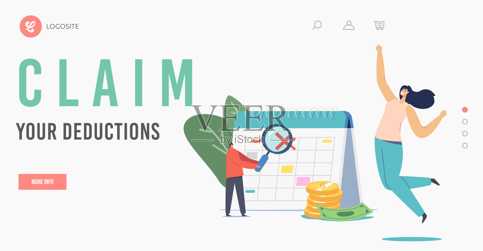 申请扣款登陆页面模板。快乐的女性角色跳跃在巨大的日历与交叉日期插画图片素材