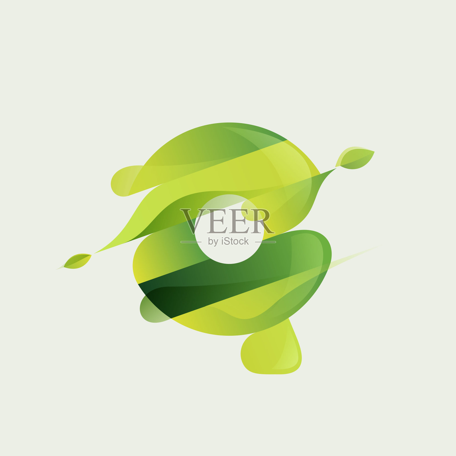 Q字生态标志带有绿色斜条纹,叶与波。插画图片素材