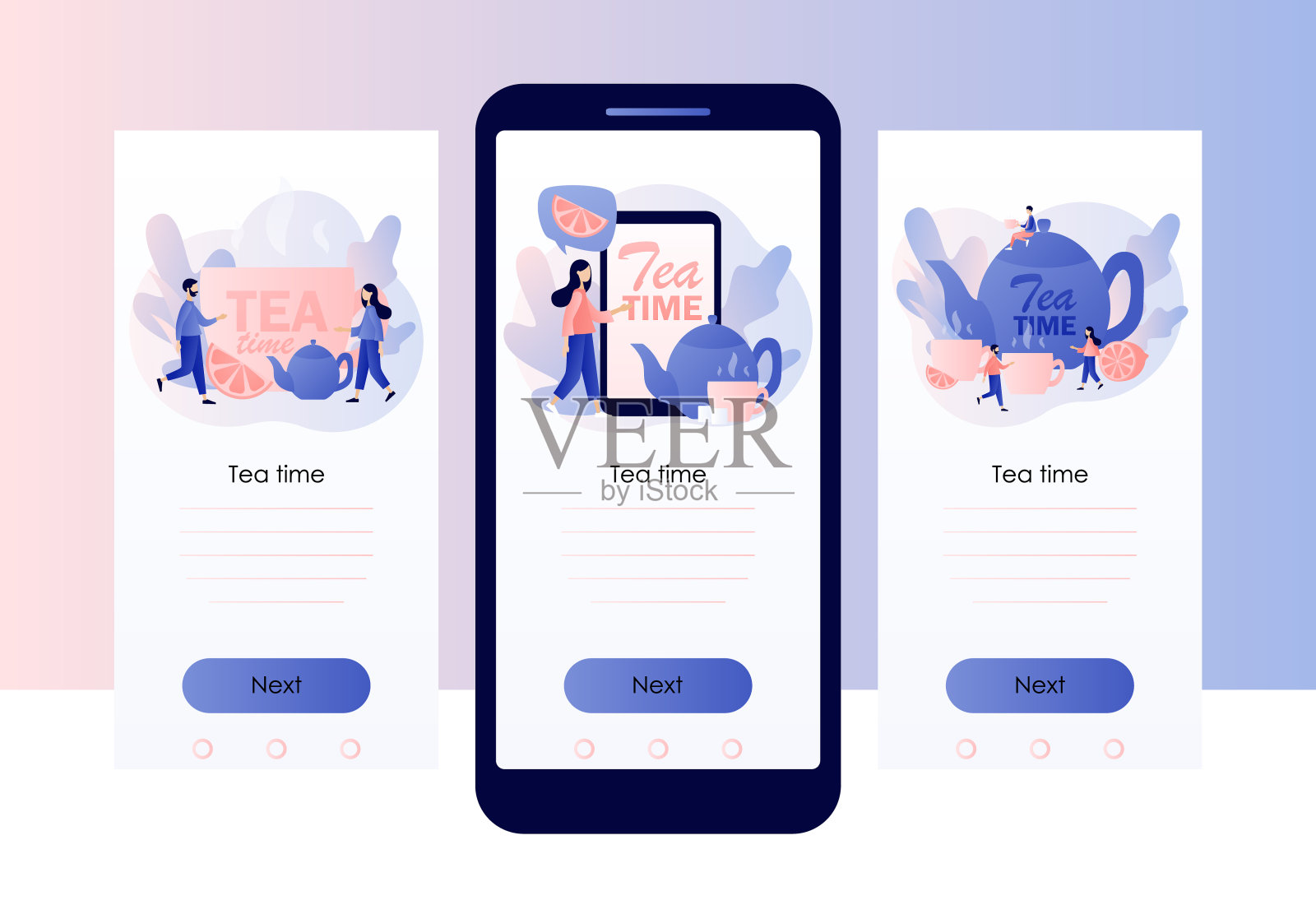 下午茶时间的概念。热饮料。小矮人在喝茶。水壶,杯子,柠檬片和方糖。手机智能手机屏幕模板。现代平面卡通风格。矢量图插画图片素材