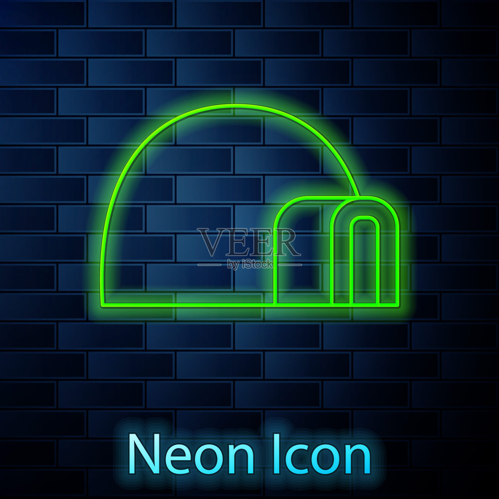 发光的霓虹灯线冰屋图标孤立在砖墙的背景。雪屋,爱斯基摩人冬季避寒的圆顶小屋,用木块搭成。向量插画图片素材