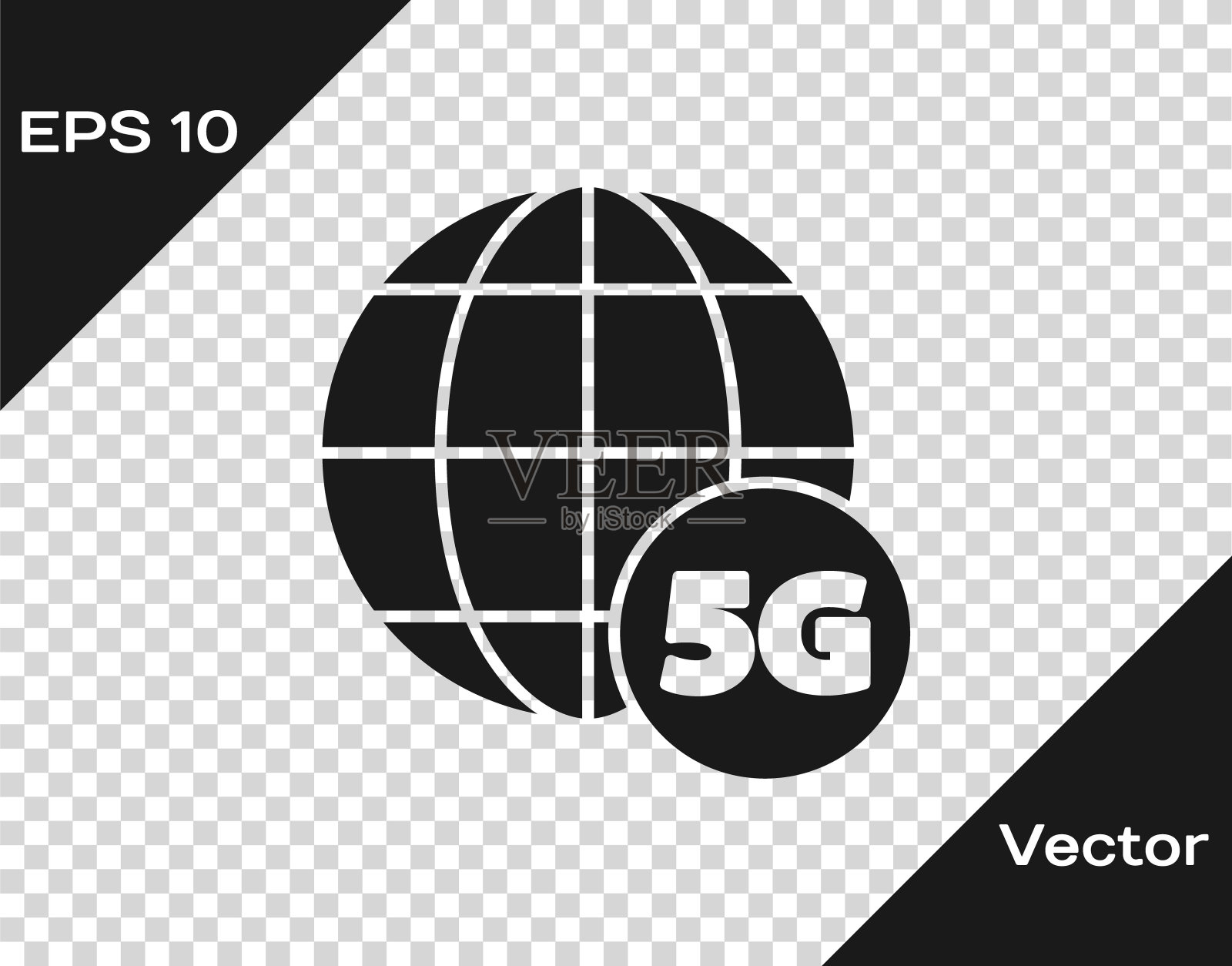 黑色5G新无线互联网wifi连接图标隔离在透明背景上。全球网络高速连接数据速率技术。向量插画图片素材
