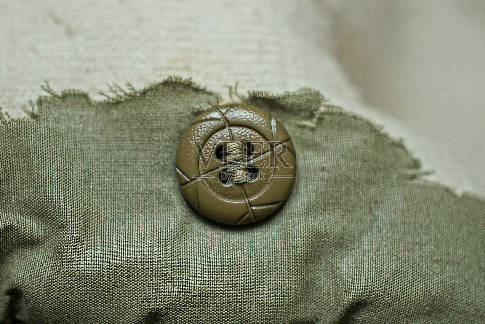 一个大的塑料纽扣在一块撕破的绿色布料上照片摄影图片