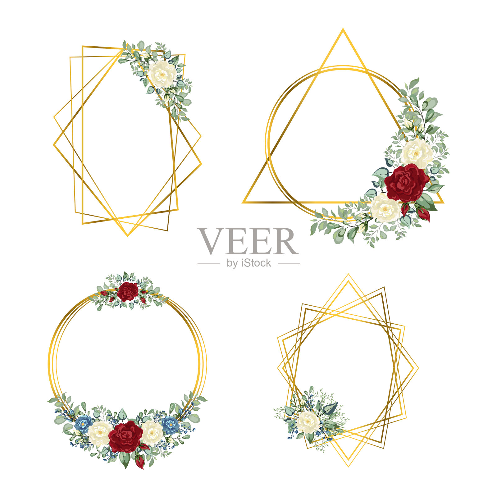 几何多面体与花插画图片素材