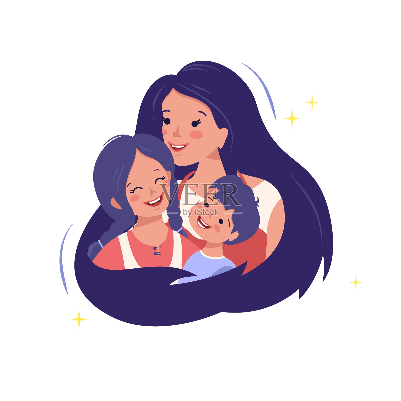 妈妈拥抱着她的儿子和女儿插画图片素材